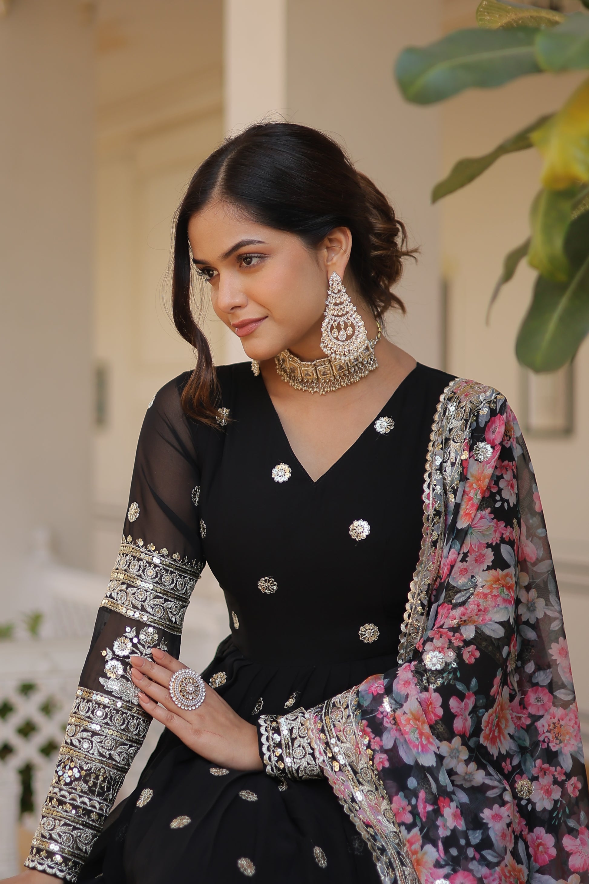 Women Georgette Black Sequence Embroidery Work Kurta Set