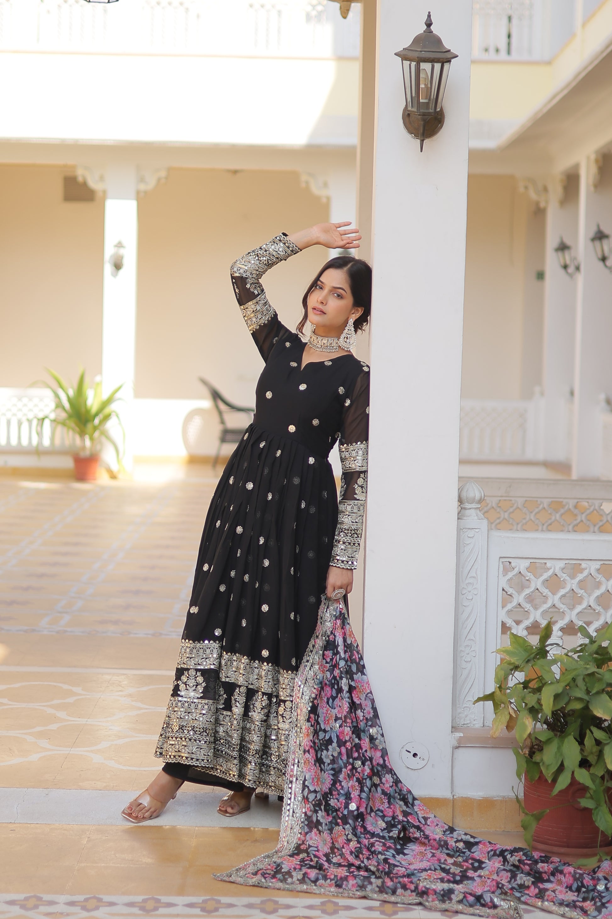 Women Georgette Black Sequence Embroidery Work Kurta Set