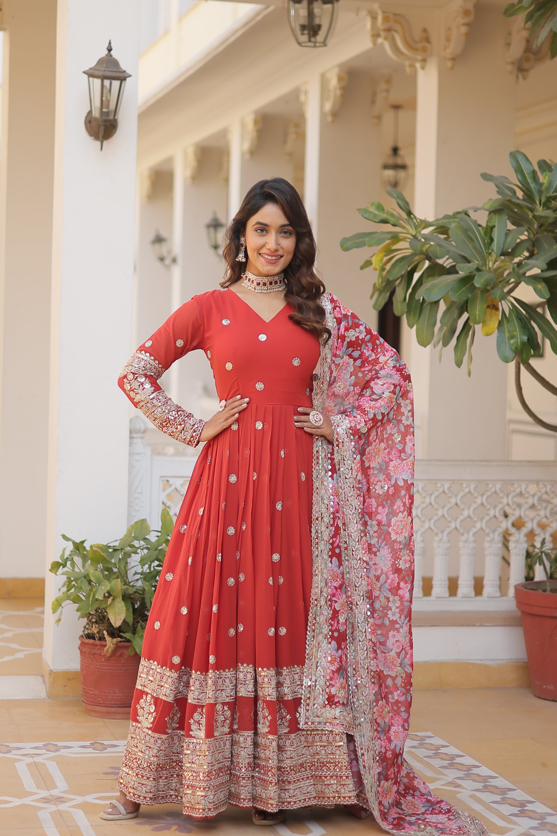 Women Georgette Orange  Sequence Embroidery Work Kurta Set
