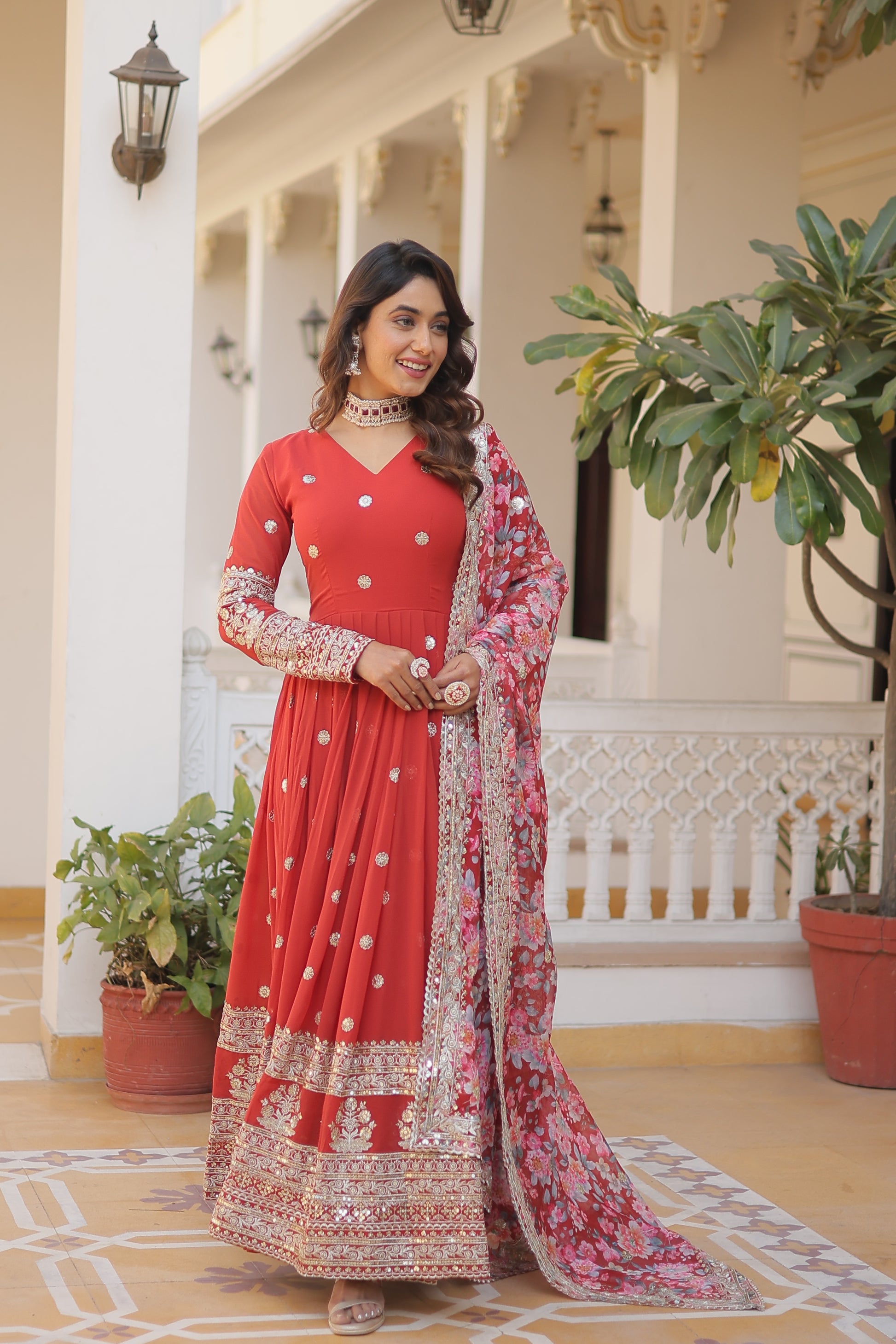 Women Georgette Orange  Sequence Embroidery Work Kurta Set