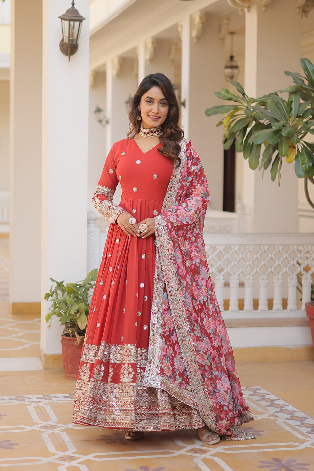 Women Georgette Orange  Sequence Embroidery Work Kurta Set