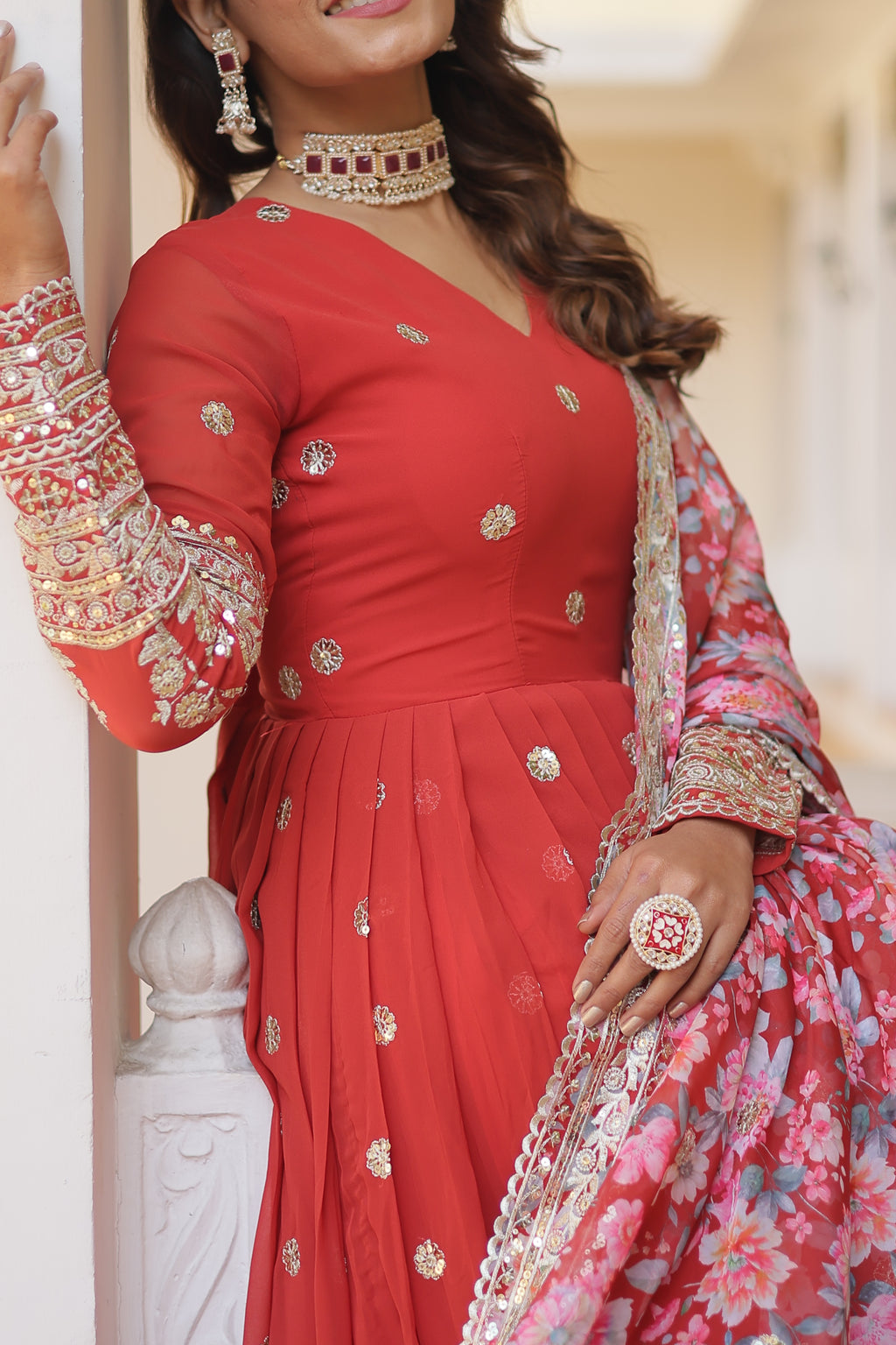 Women Georgette Orange  Sequence Embroidery Work Kurta Set