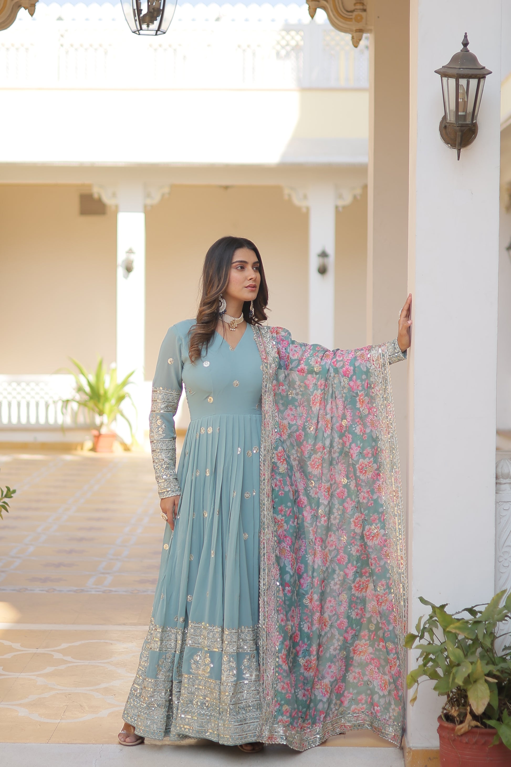 Women Georgette Sky-blue  Sequence embroidery Work Kurta Set