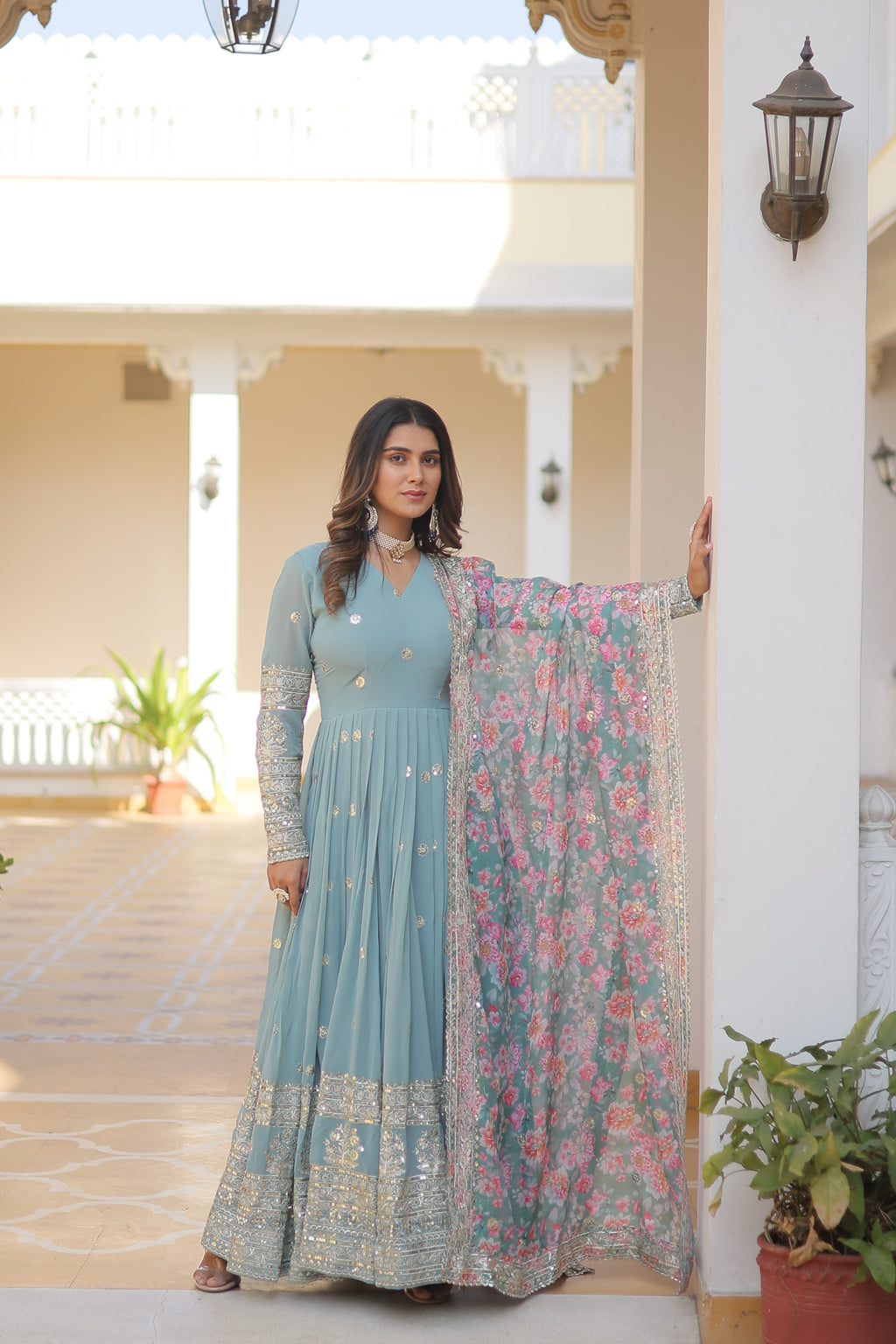 Women Georgette Sky-blue  Sequence embroidery Work Kurta Set