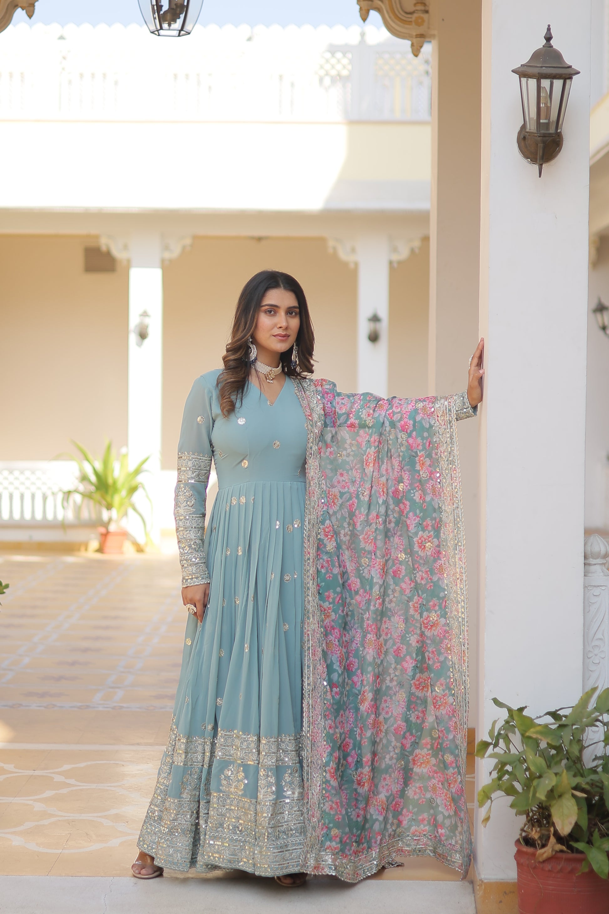 Women Georgette Sky-blue  Sequence embroidery Work Kurta Set