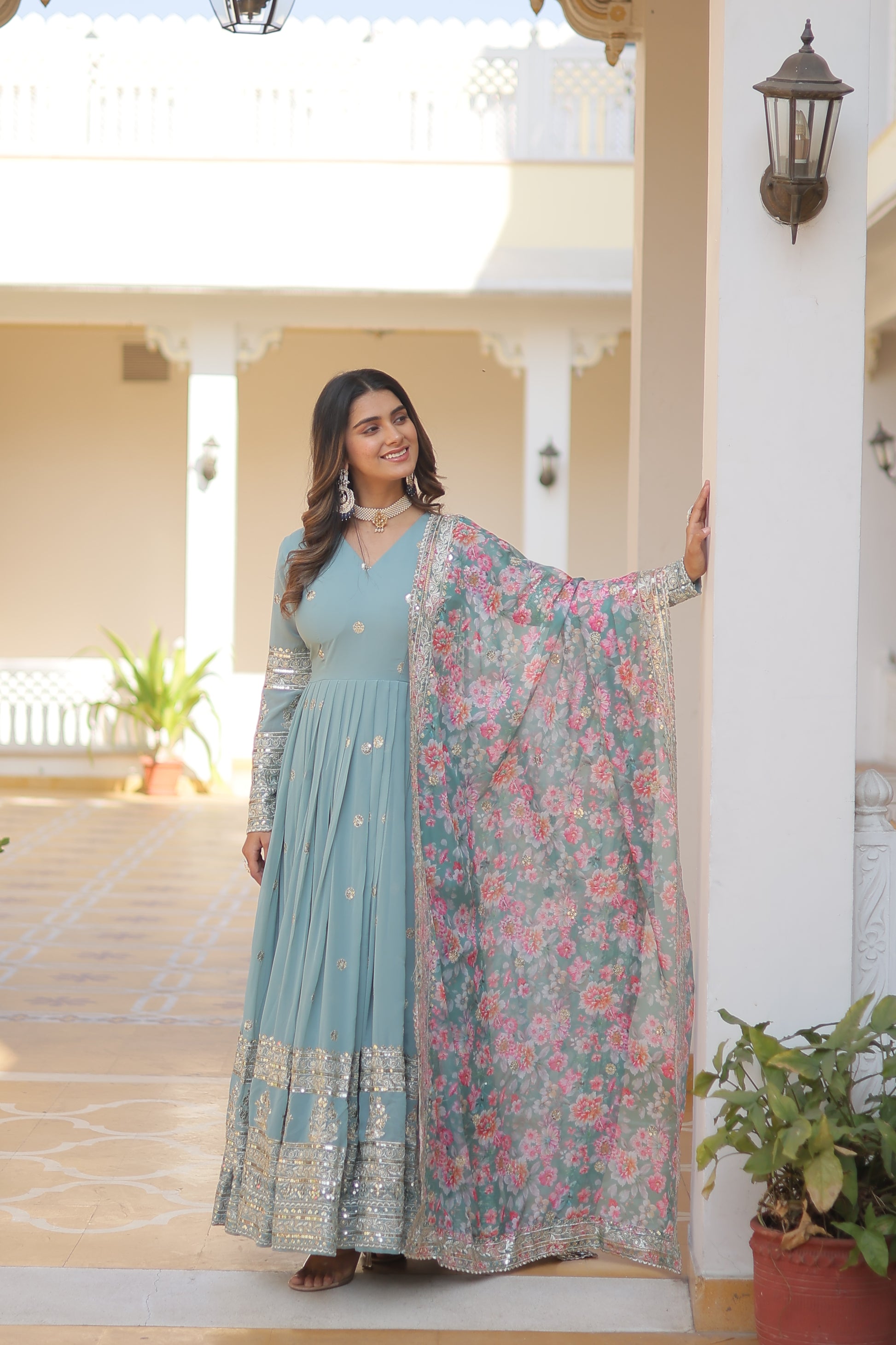 Women Georgette Sky-blue  Sequence embroidery Work Kurta Set