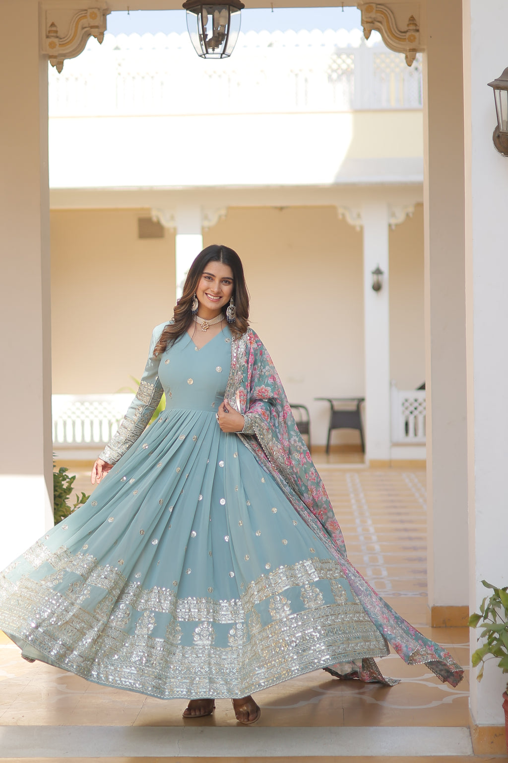Women Georgette Sky-blue  Sequence embroidery Work Kurta Set