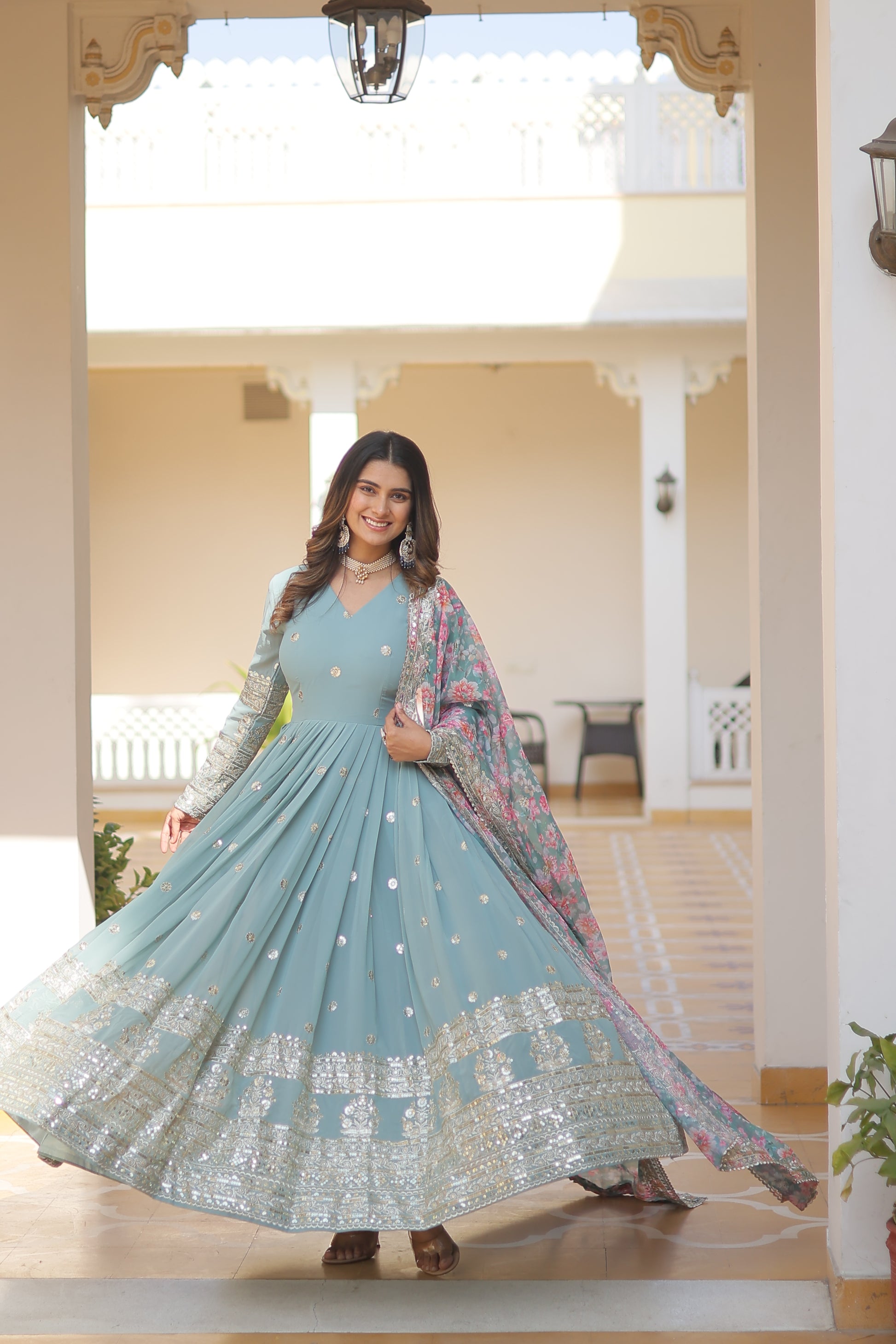 Women Georgette Sky-blue  Sequence embroidery Work Kurta Set