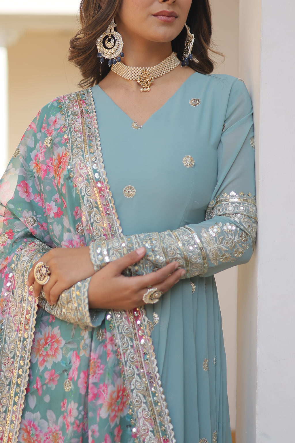 Women Georgette Sky-blue  Sequence embroidery Work Kurta Set