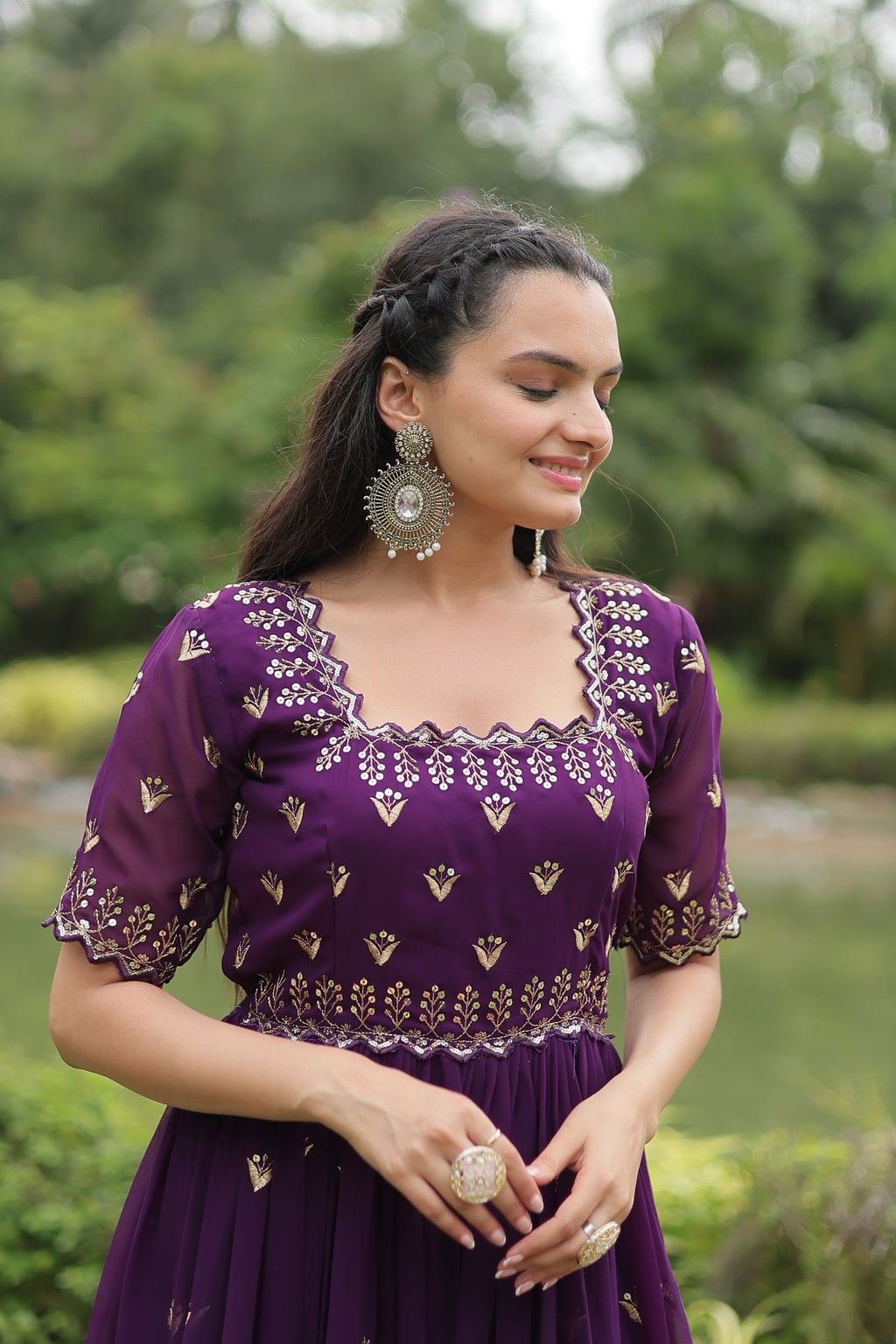 Women Georgette Purple  Sequence embroidery Work Dress