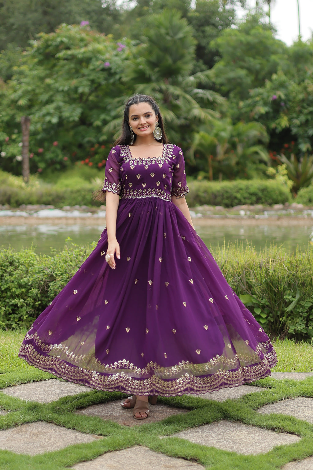 Women Georgette Purple  Sequence embroidery Work Dress