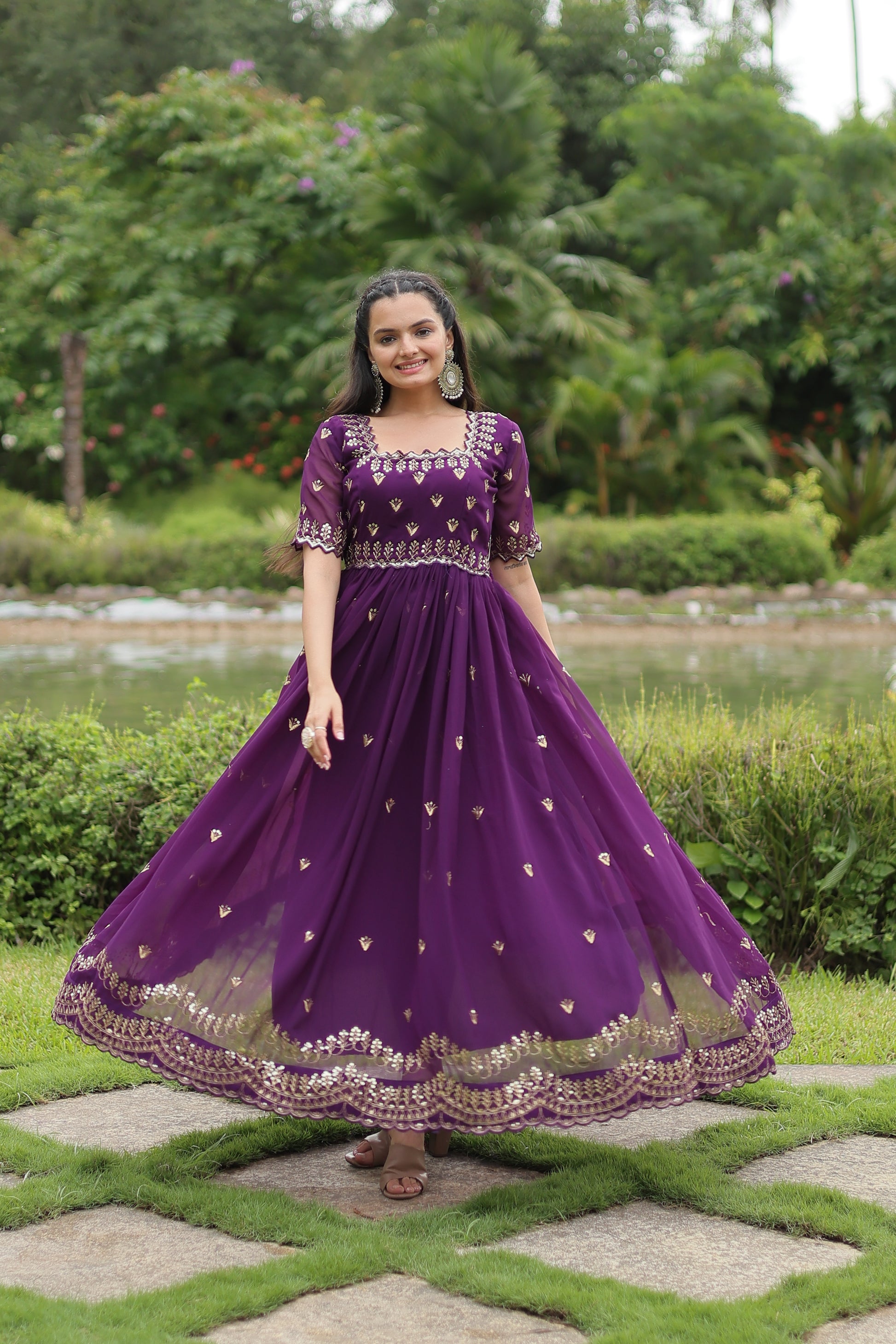 Women Georgette Purple  Sequence embroidery Work Dress