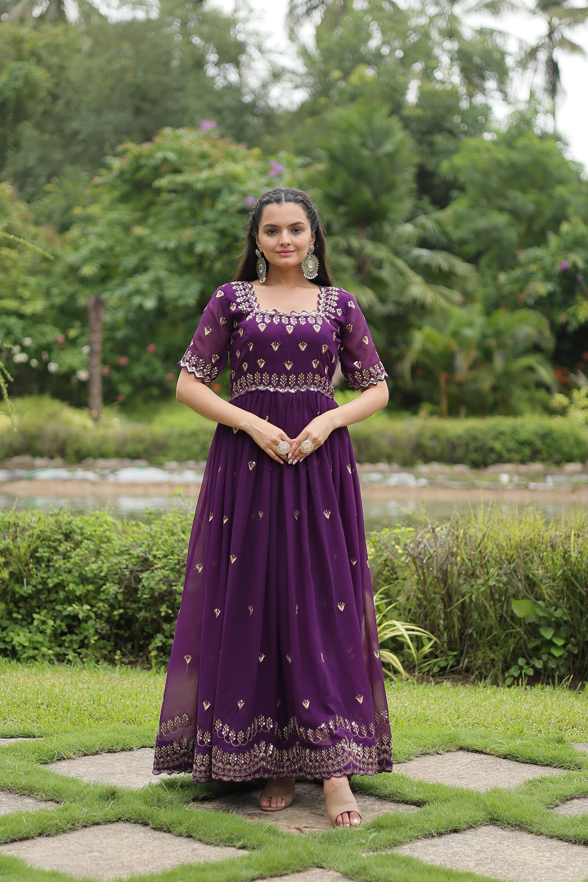 Women Georgette Purple  Sequence embroidery Work Dress