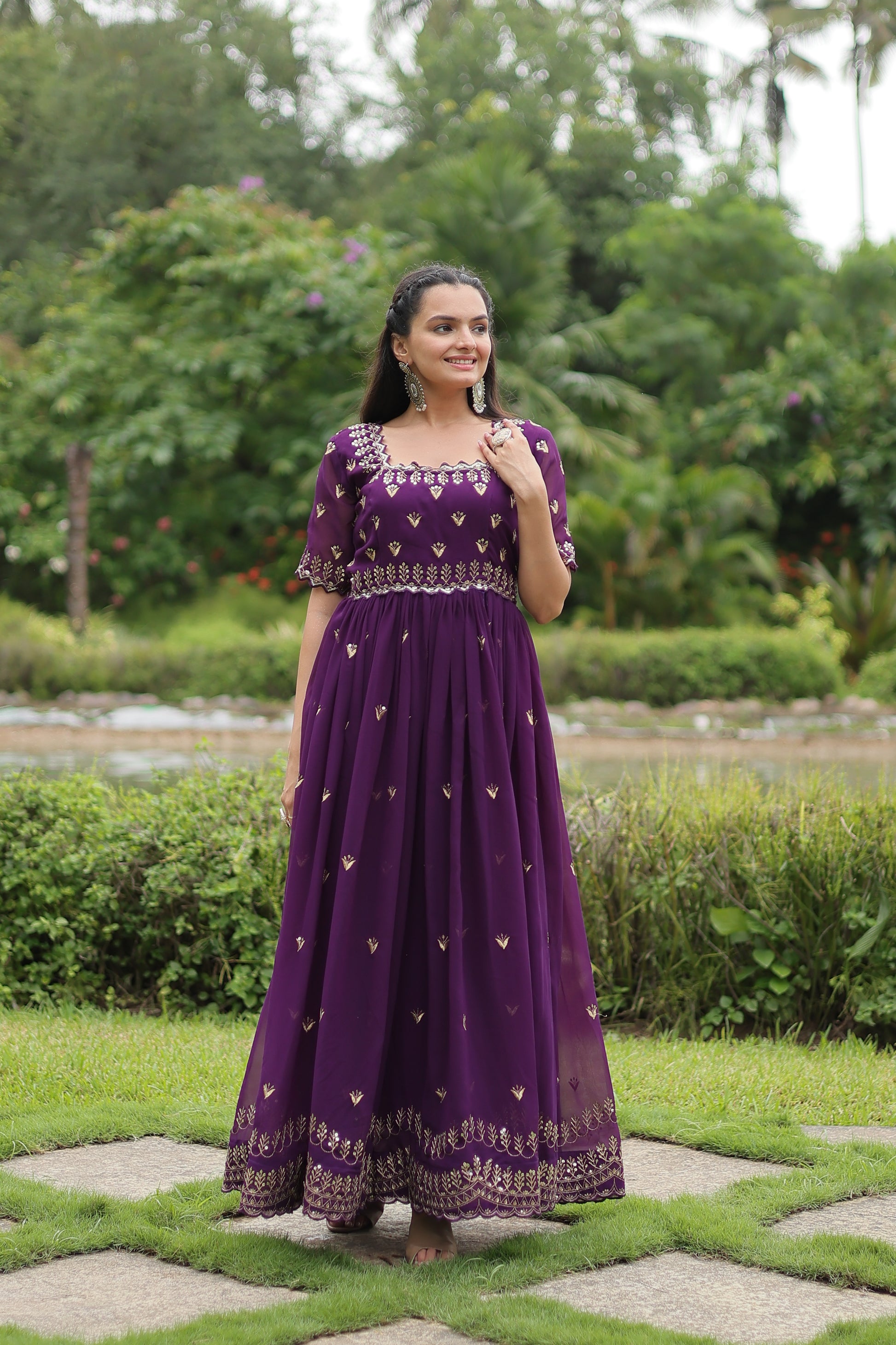 Women Georgette Purple  Sequence embroidery Work Dress