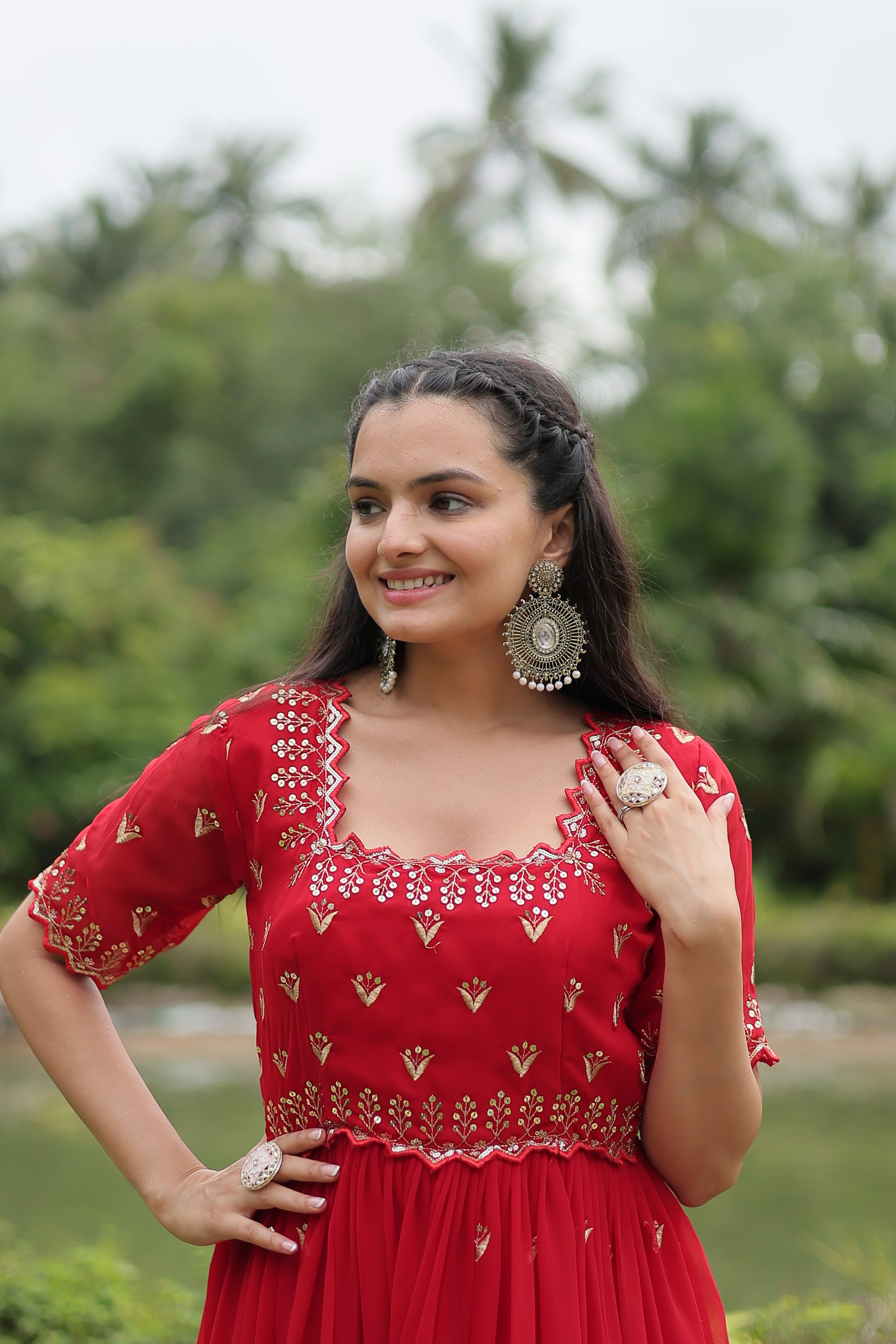 Women Georgette Red Sequence embroidery Work Dress