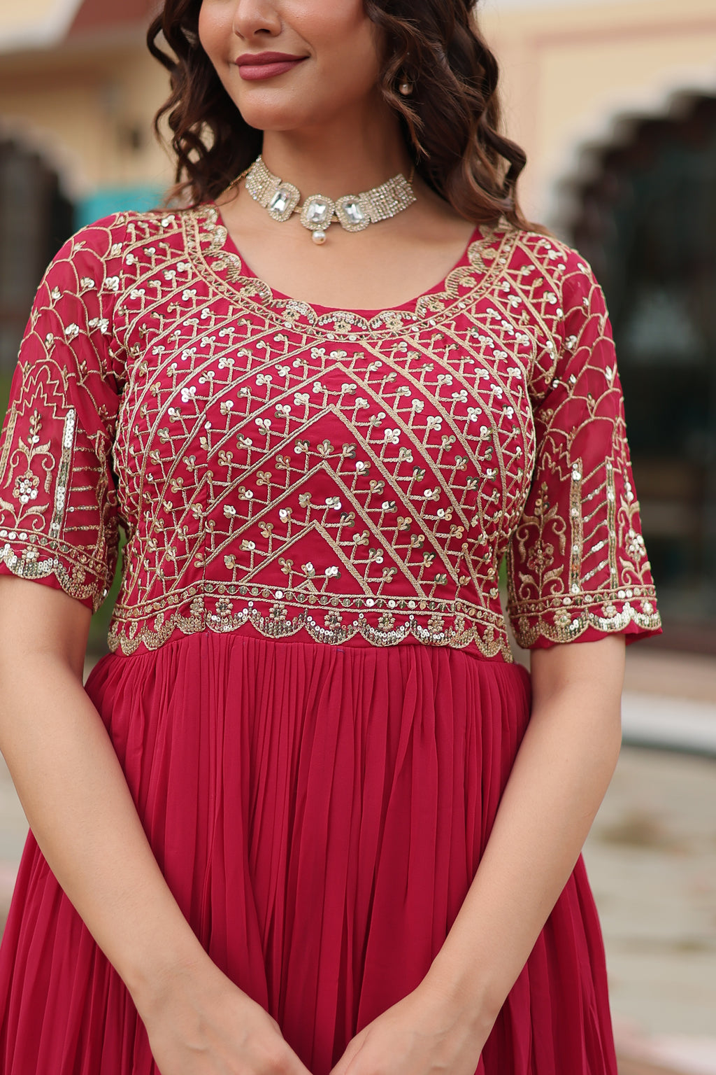 Women Georgette maroon Sequence embroidery Work Dress