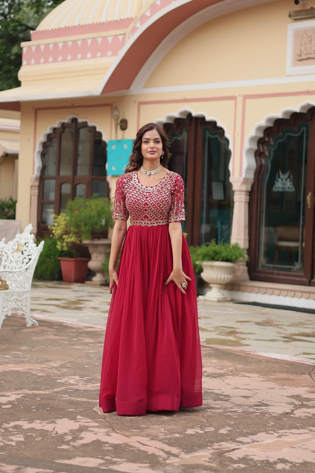 Women Georgette maroon Sequence embroidery Work Dress