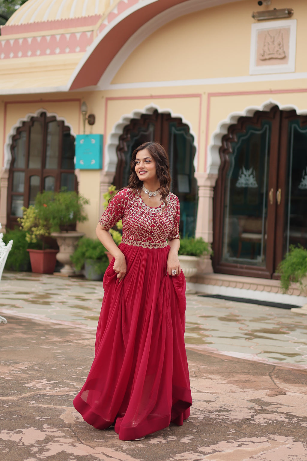 Women Georgette maroon Sequence embroidery Work Dress