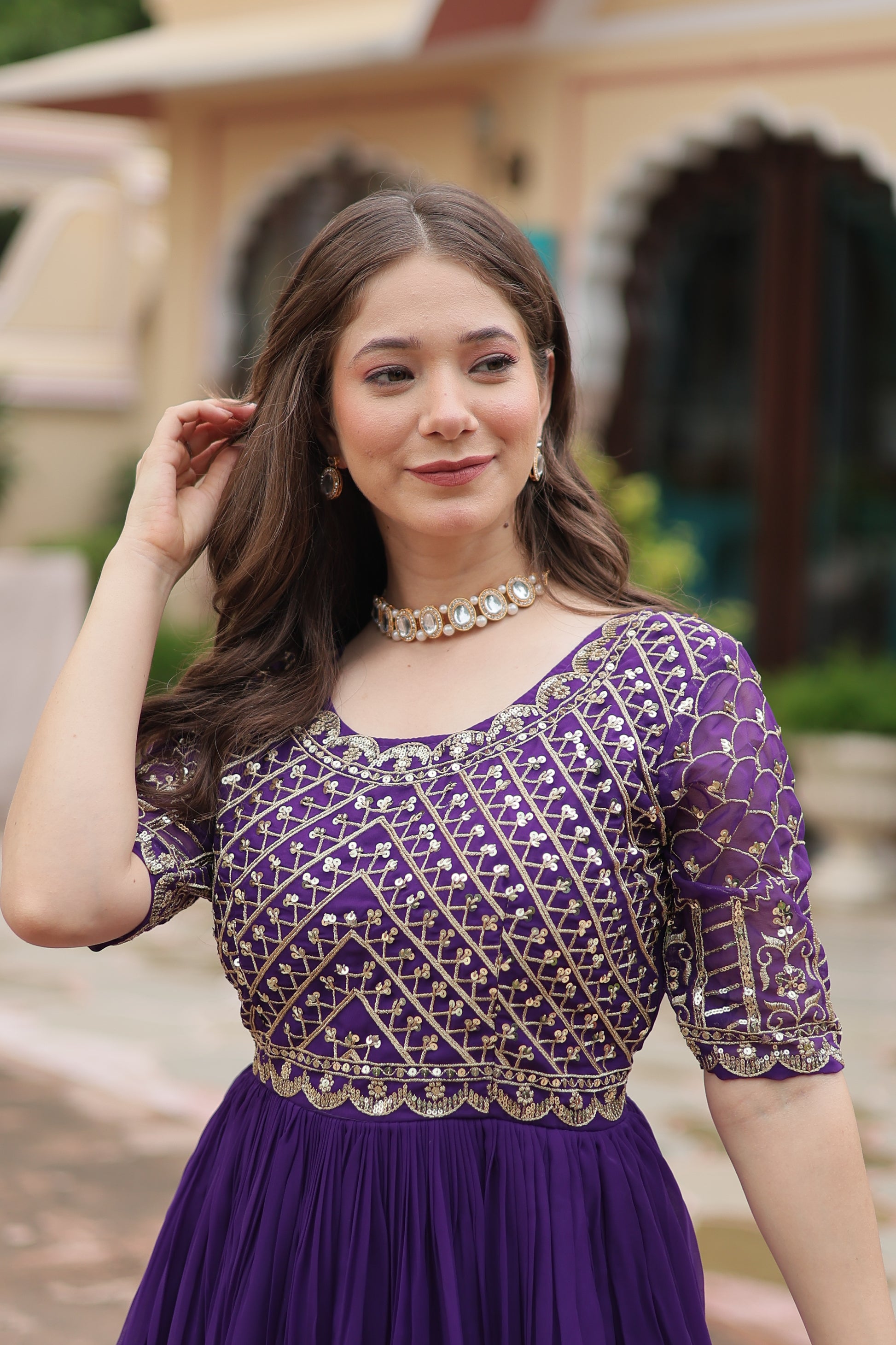 Women Georgette Purple Sequence embroidery Work Dress