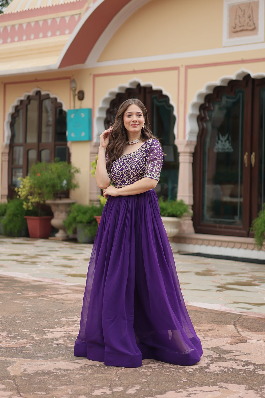 Women Georgette Purple Sequence embroidery Work Dress