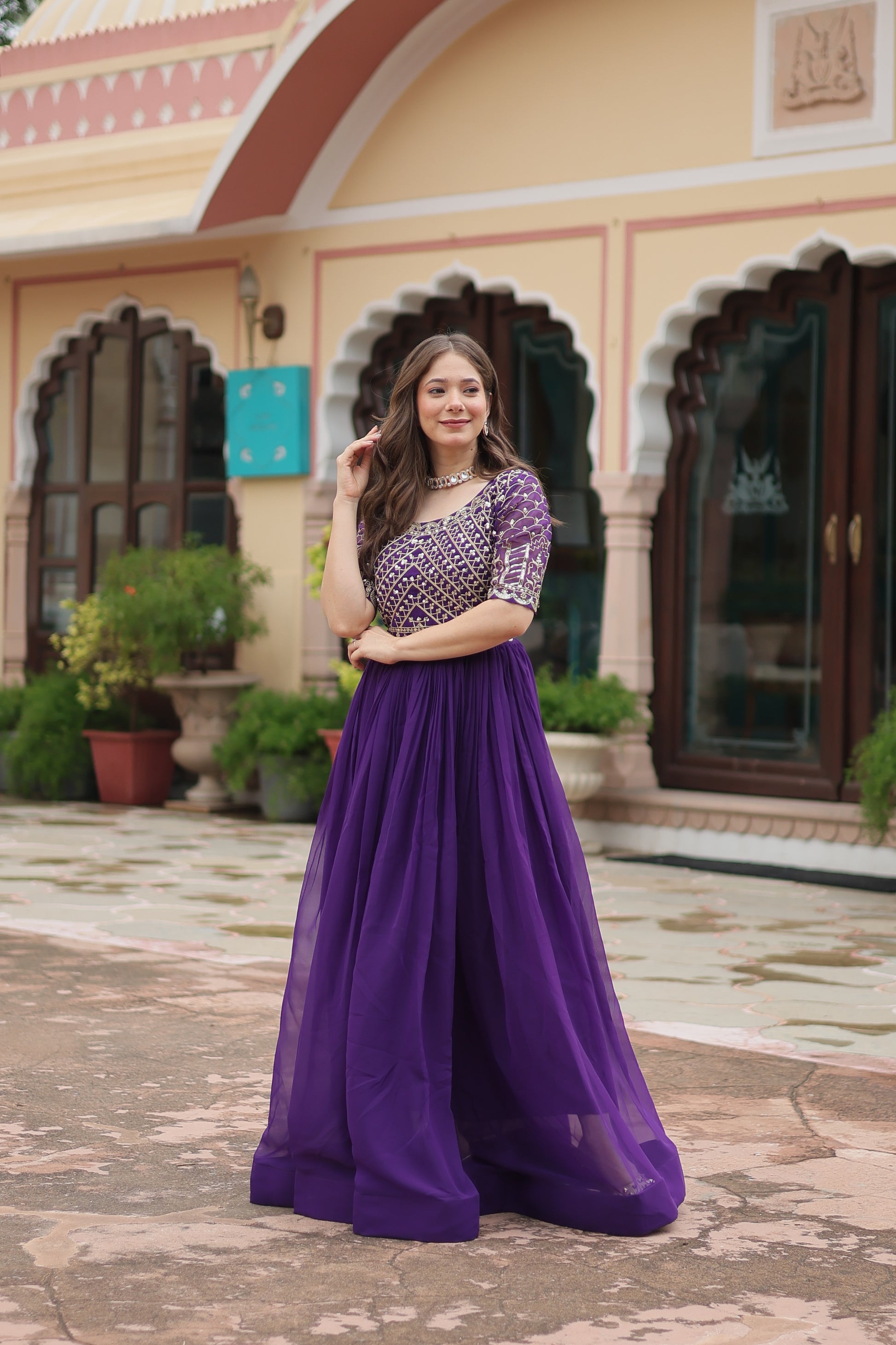 Women Georgette Purple Sequence embroidery Work Dress
