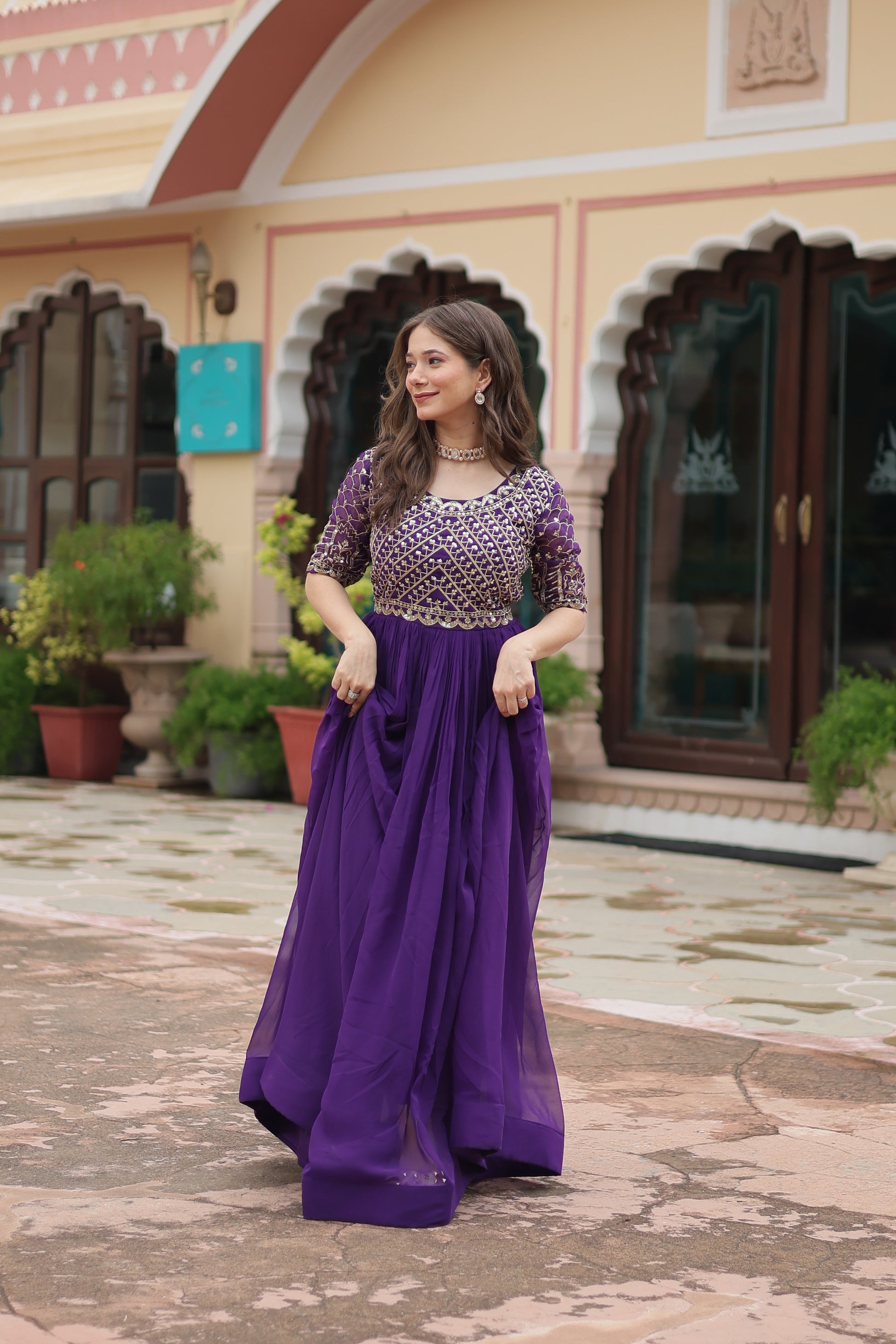 Women Georgette Purple Sequence embroidery Work Dress
