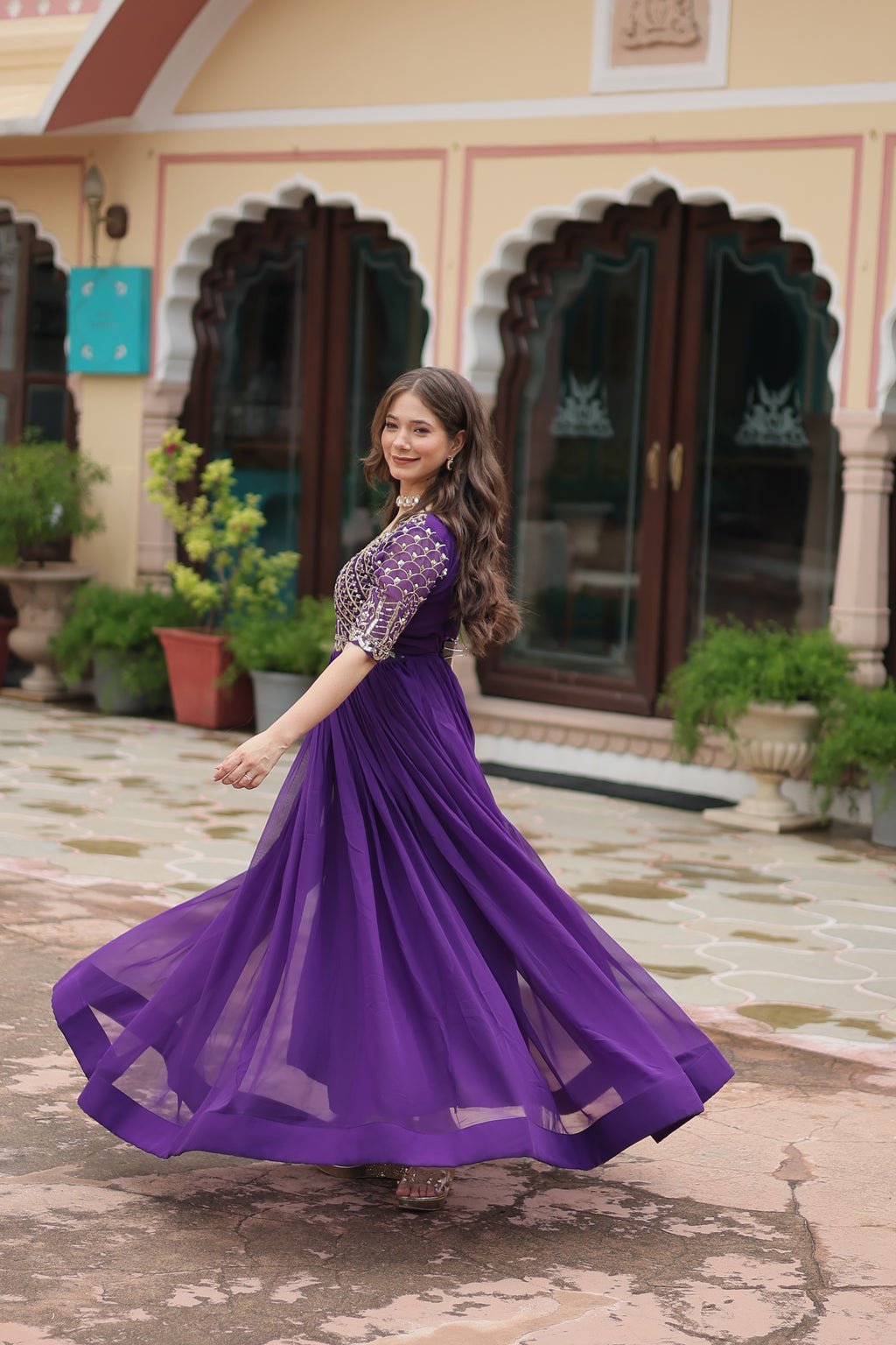 Women Georgette Purple Sequence embroidery Work Dress