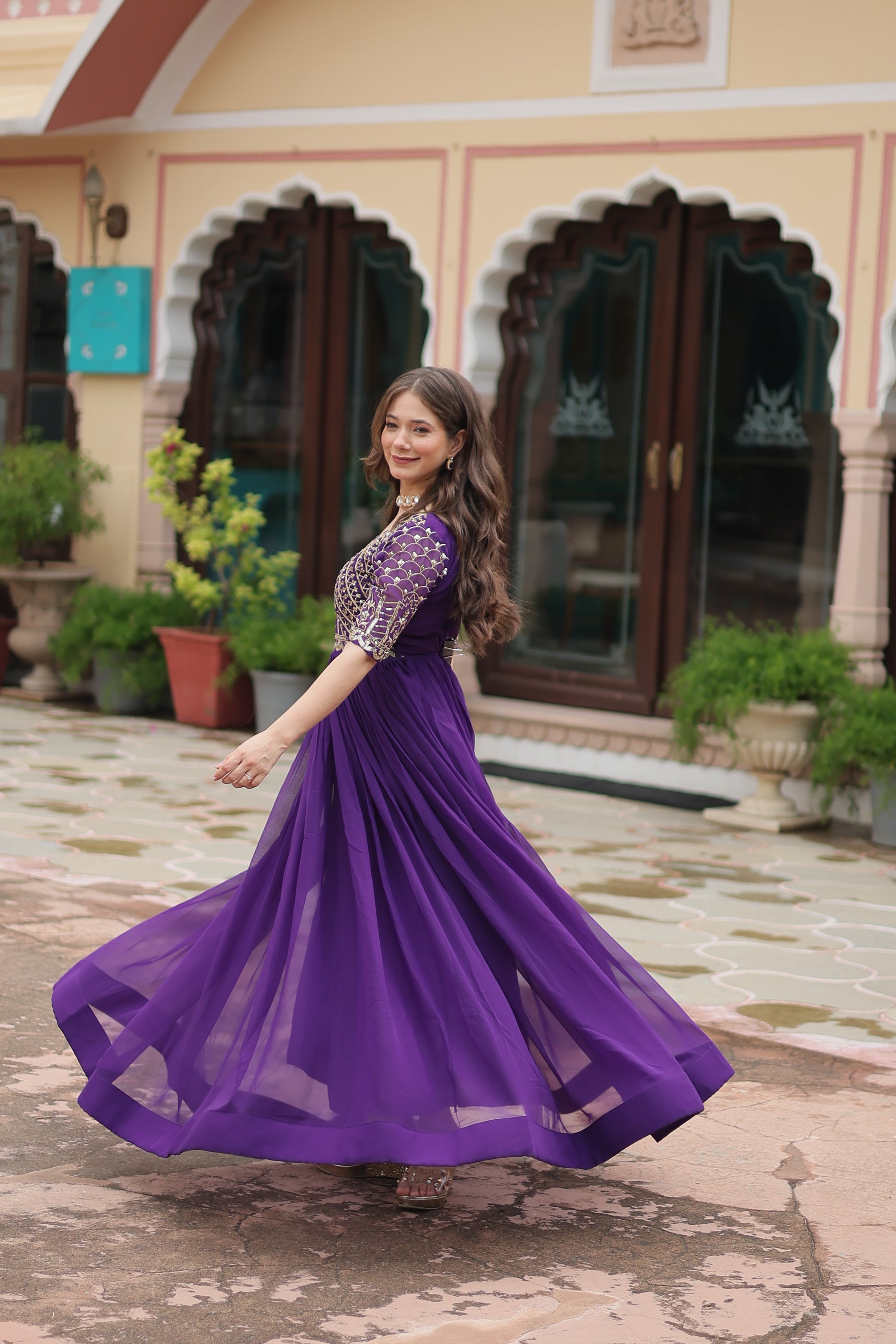 Women Georgette Purple Sequence embroidery Work Dress