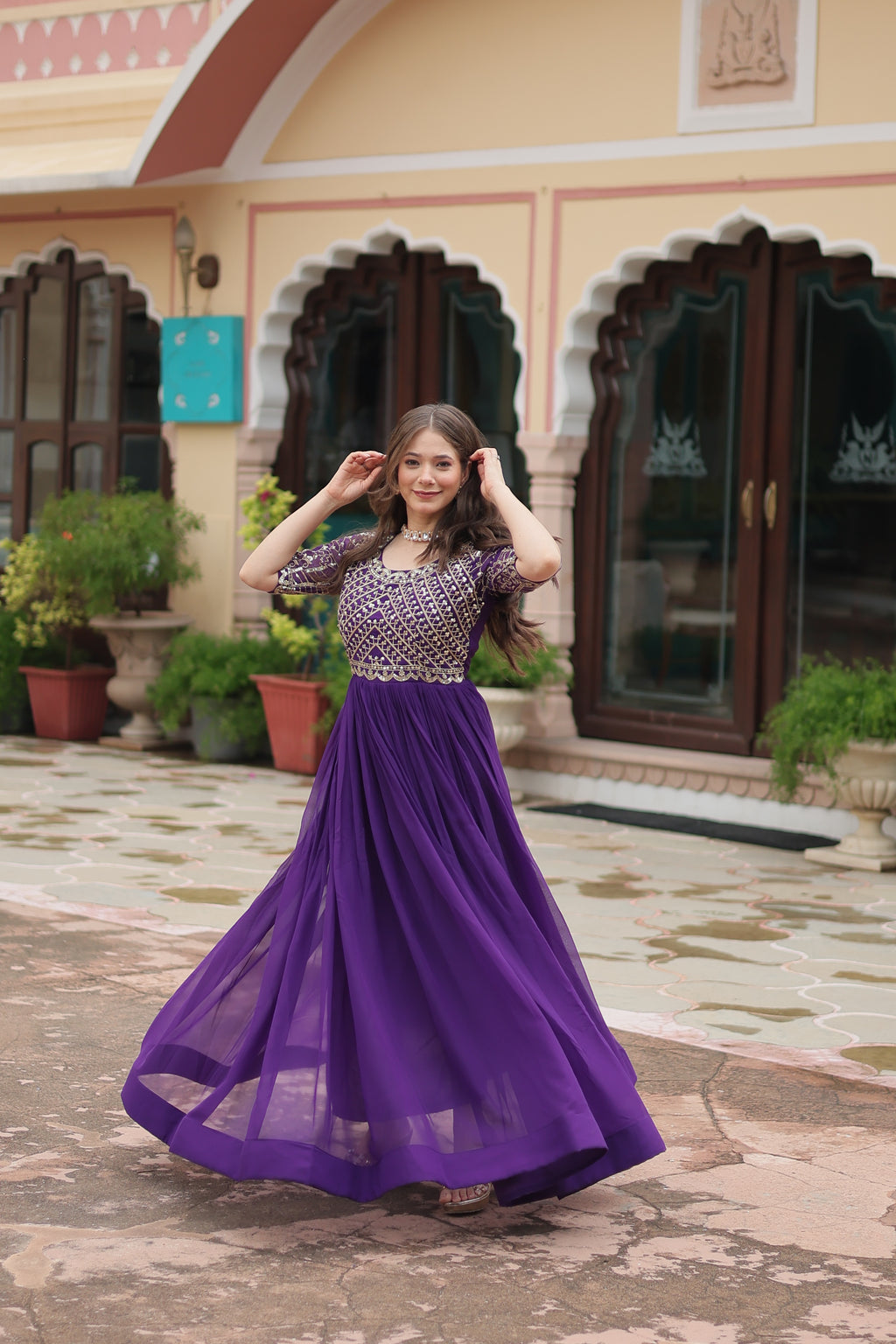 Women Georgette Purple Sequence embroidery Work Dress