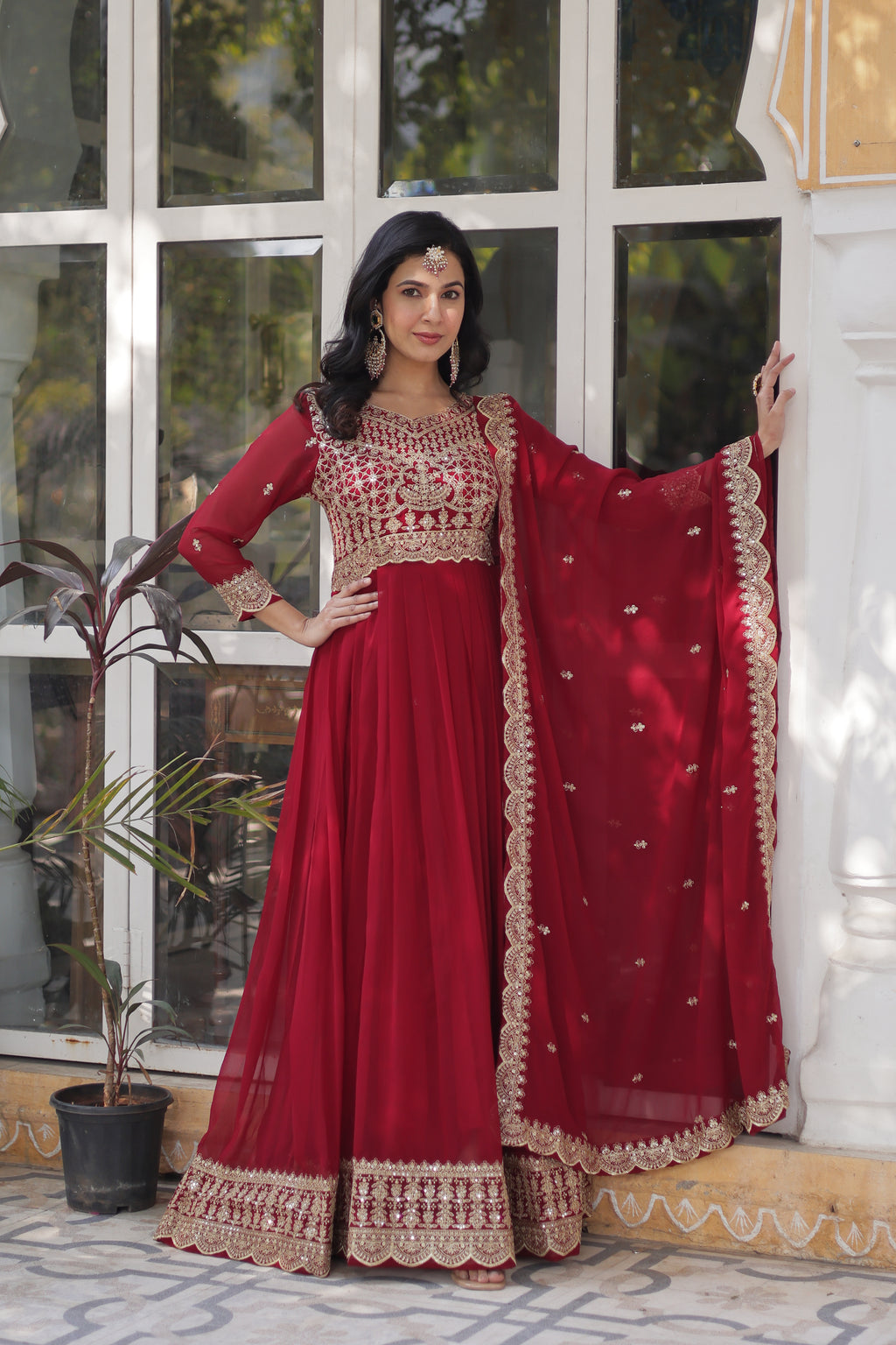 Women Georgette Maroon Sequence embroidery Work Kurta Set