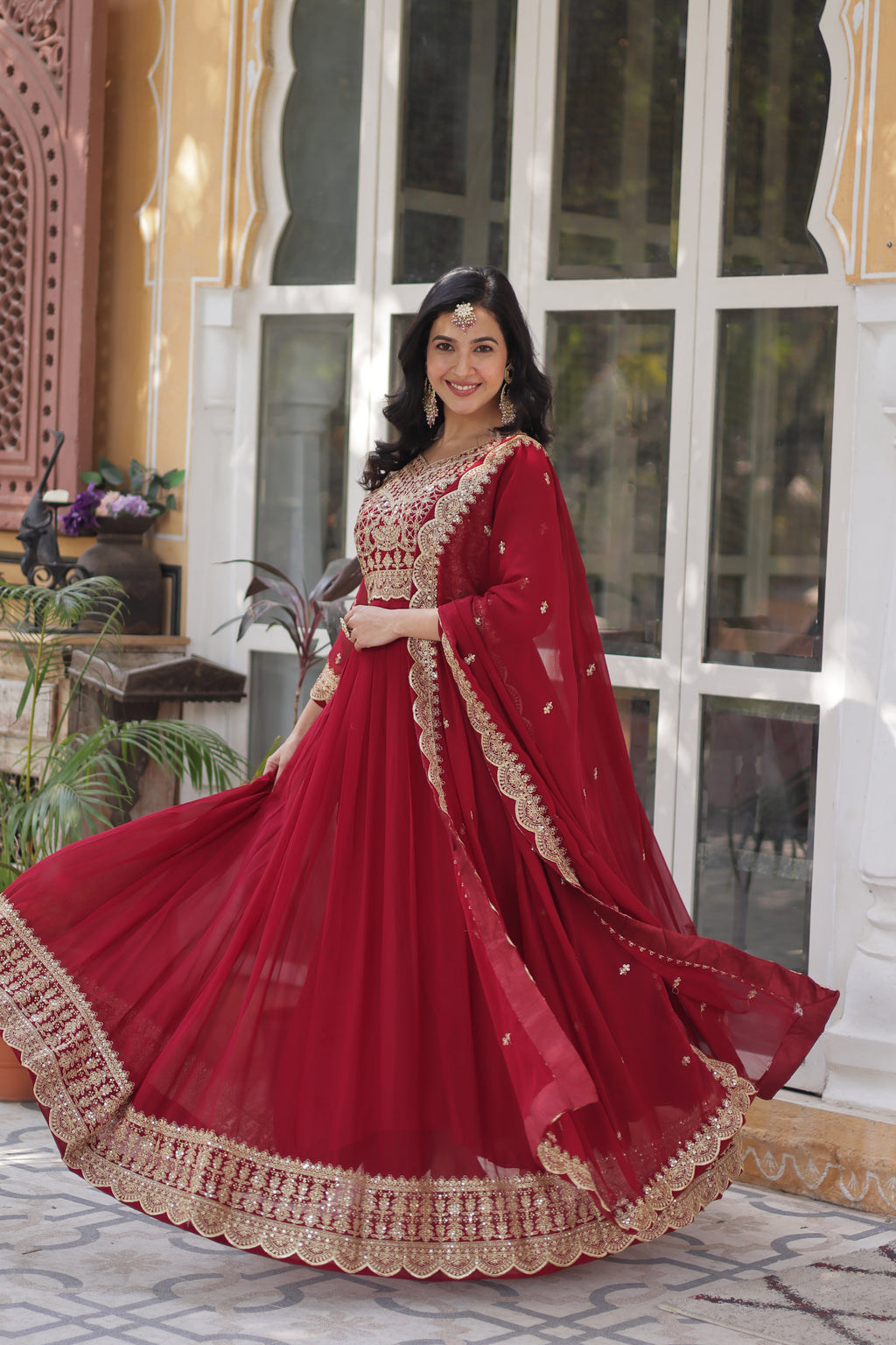 Women Georgette Maroon Sequence embroidery Work Kurta Set