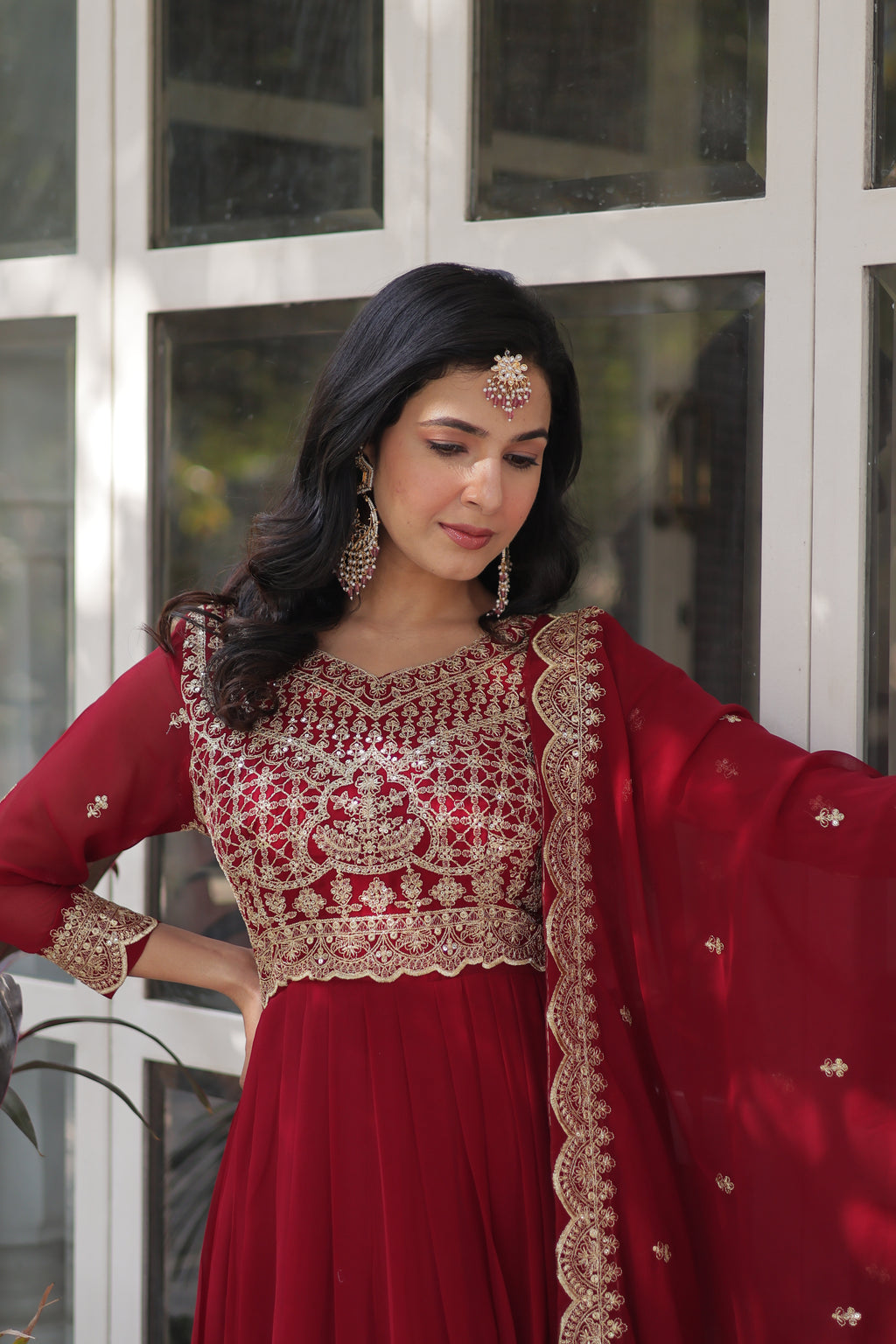 Women Georgette Maroon Sequence embroidery Work Kurta Set