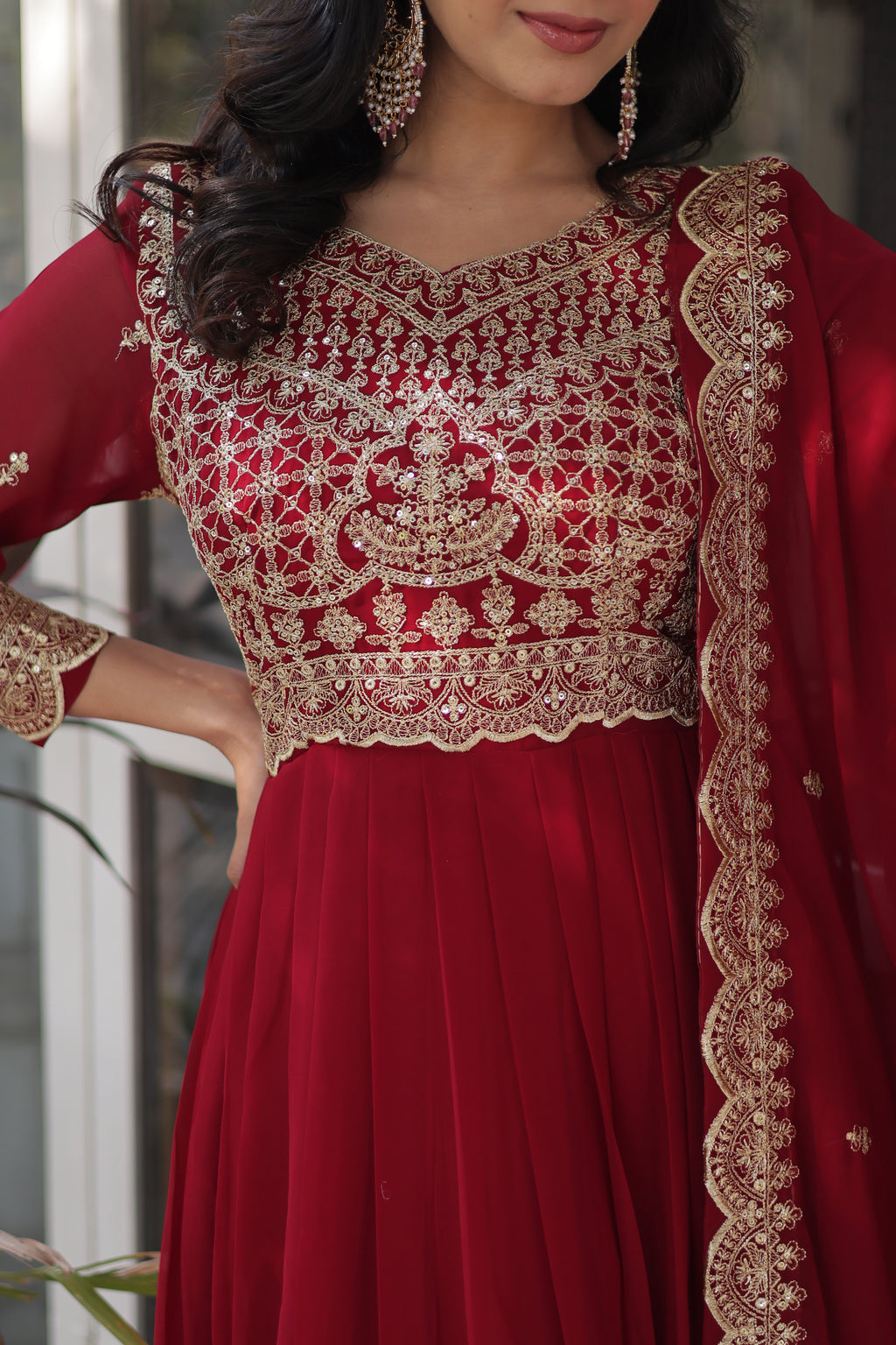 Women Georgette Maroon Sequence embroidery Work Kurta Set