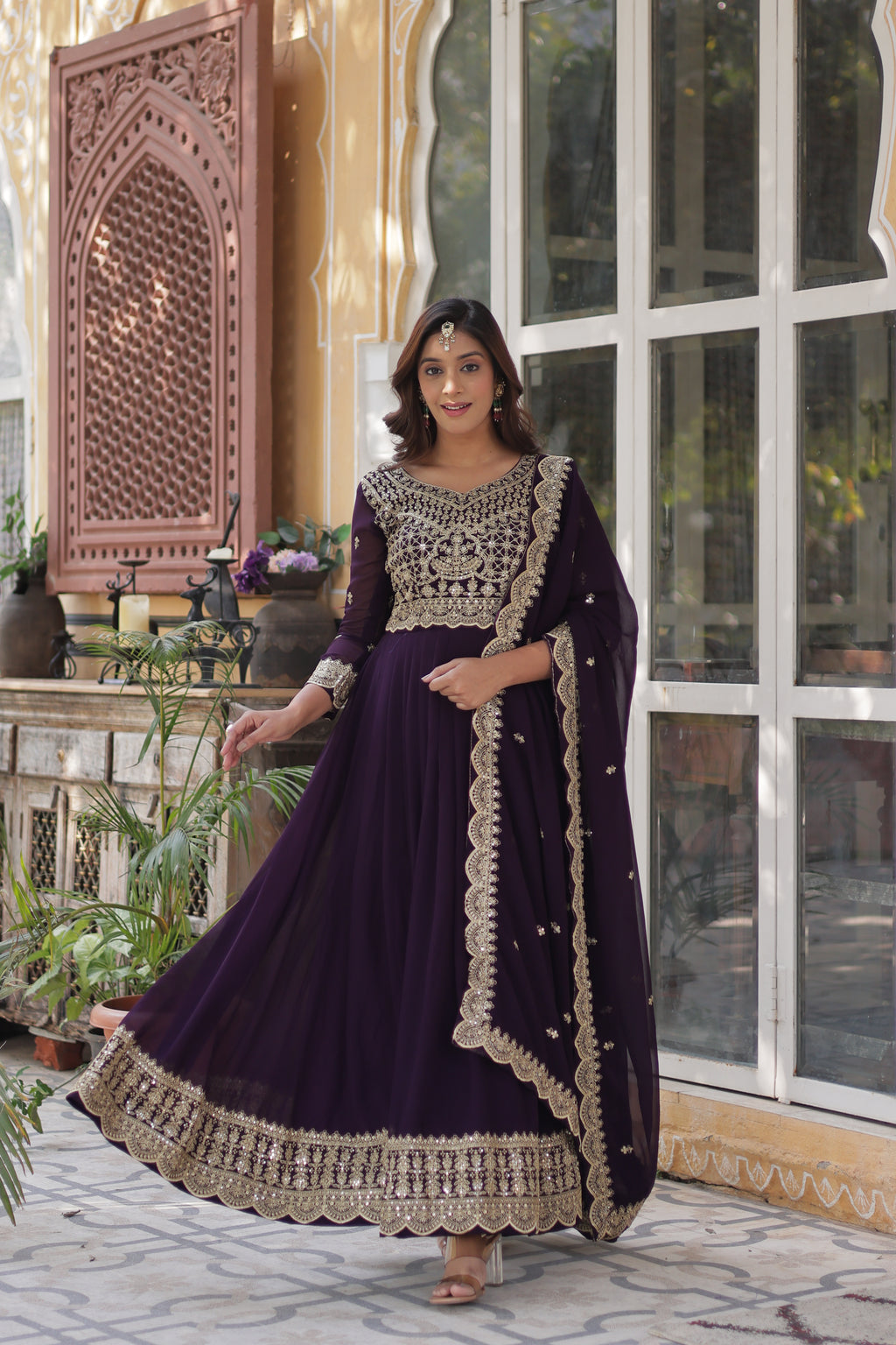 Women Georgette Wine Sequence embroidery Work Kurta Set