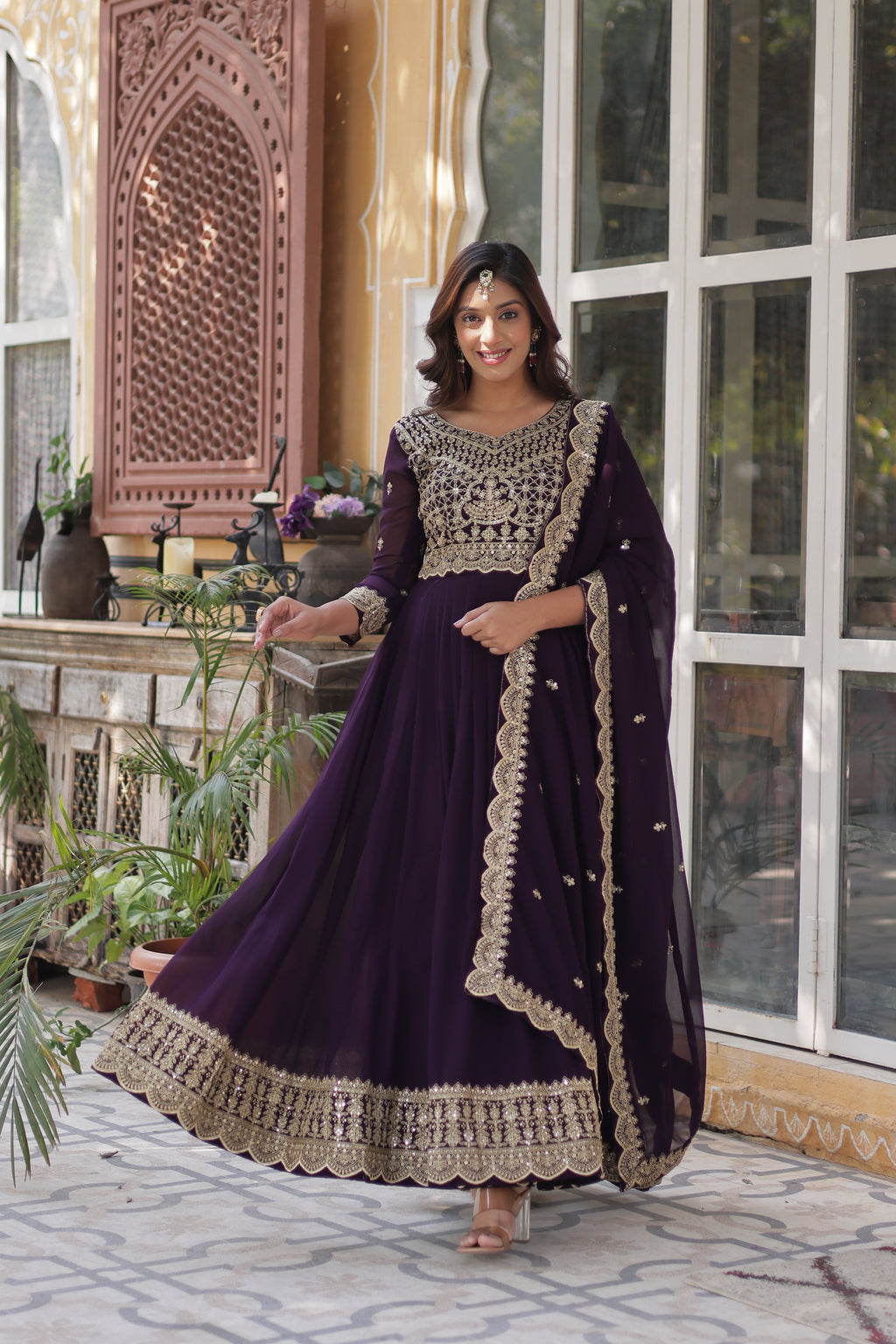 Women Georgette Wine Sequence embroidery Work Kurta Set