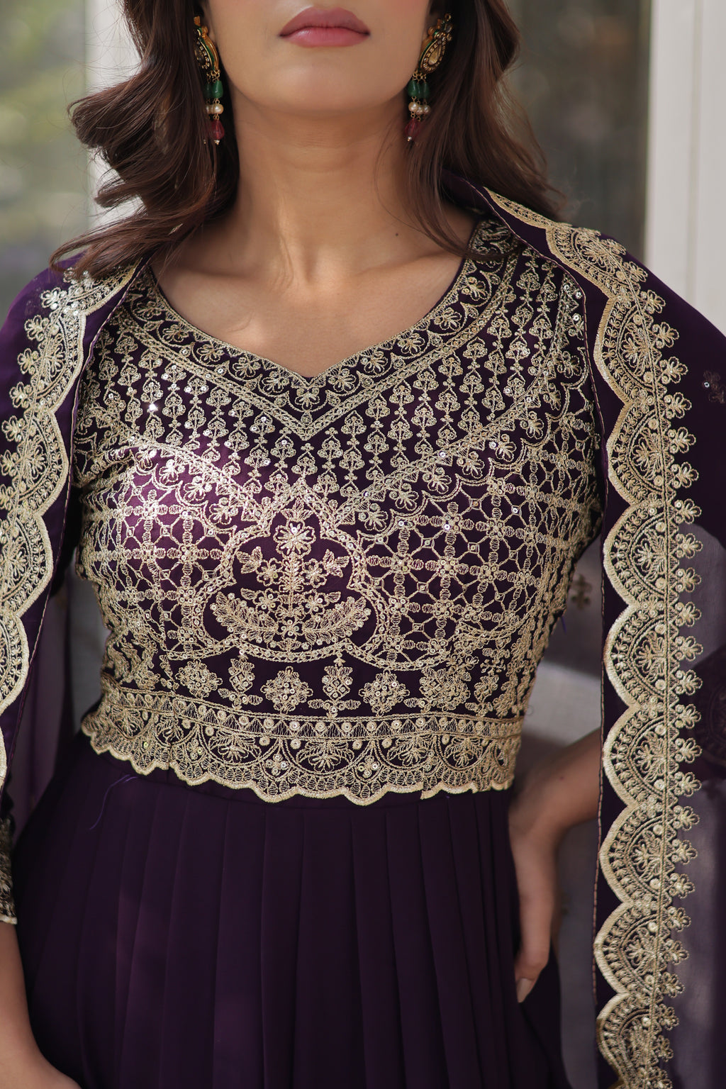 Women Georgette Wine Sequence embroidery Work Kurta Set