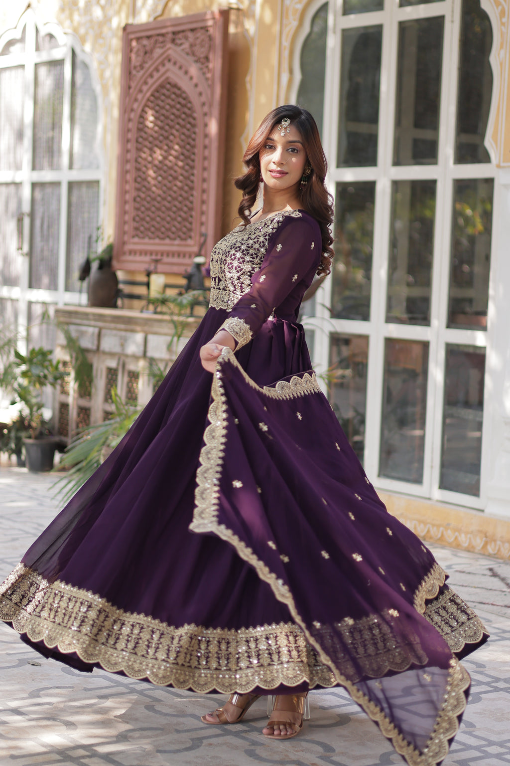 Women Georgette Wine Sequence embroidery Work Kurta Set