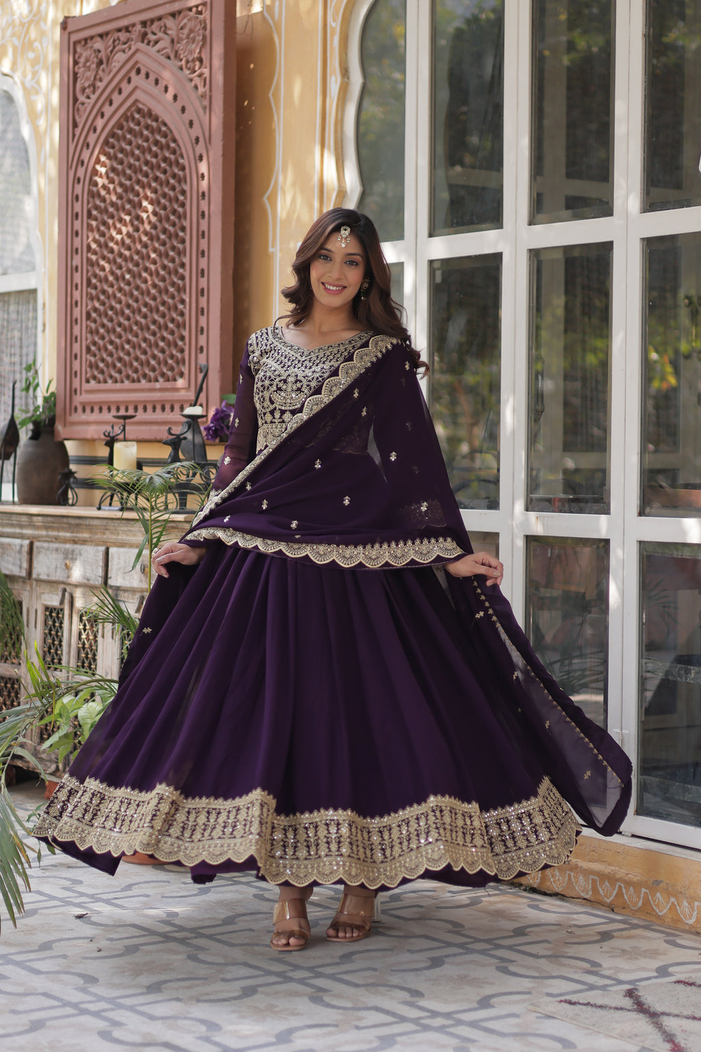 Women Georgette Wine Sequence embroidery Work Kurta Set