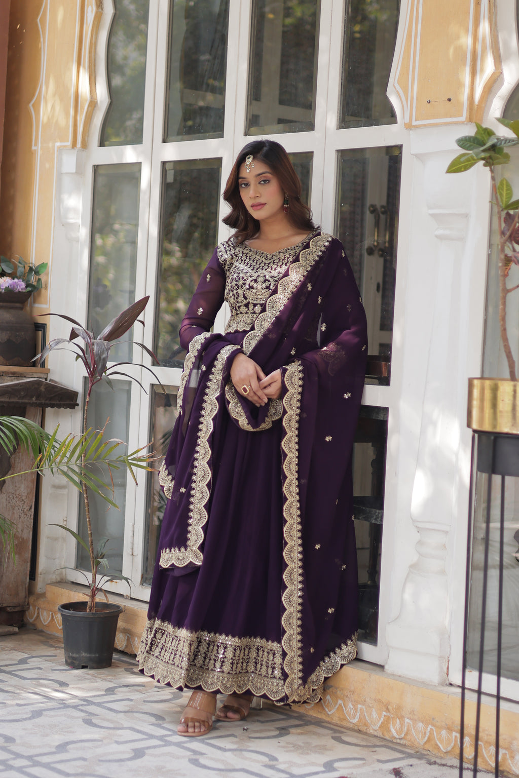 Women Georgette Wine Sequence embroidery Work Kurta Set