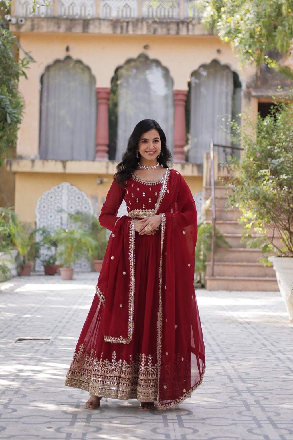 Women Georgette  maroon Sequence embroidery Work Kurta Set
