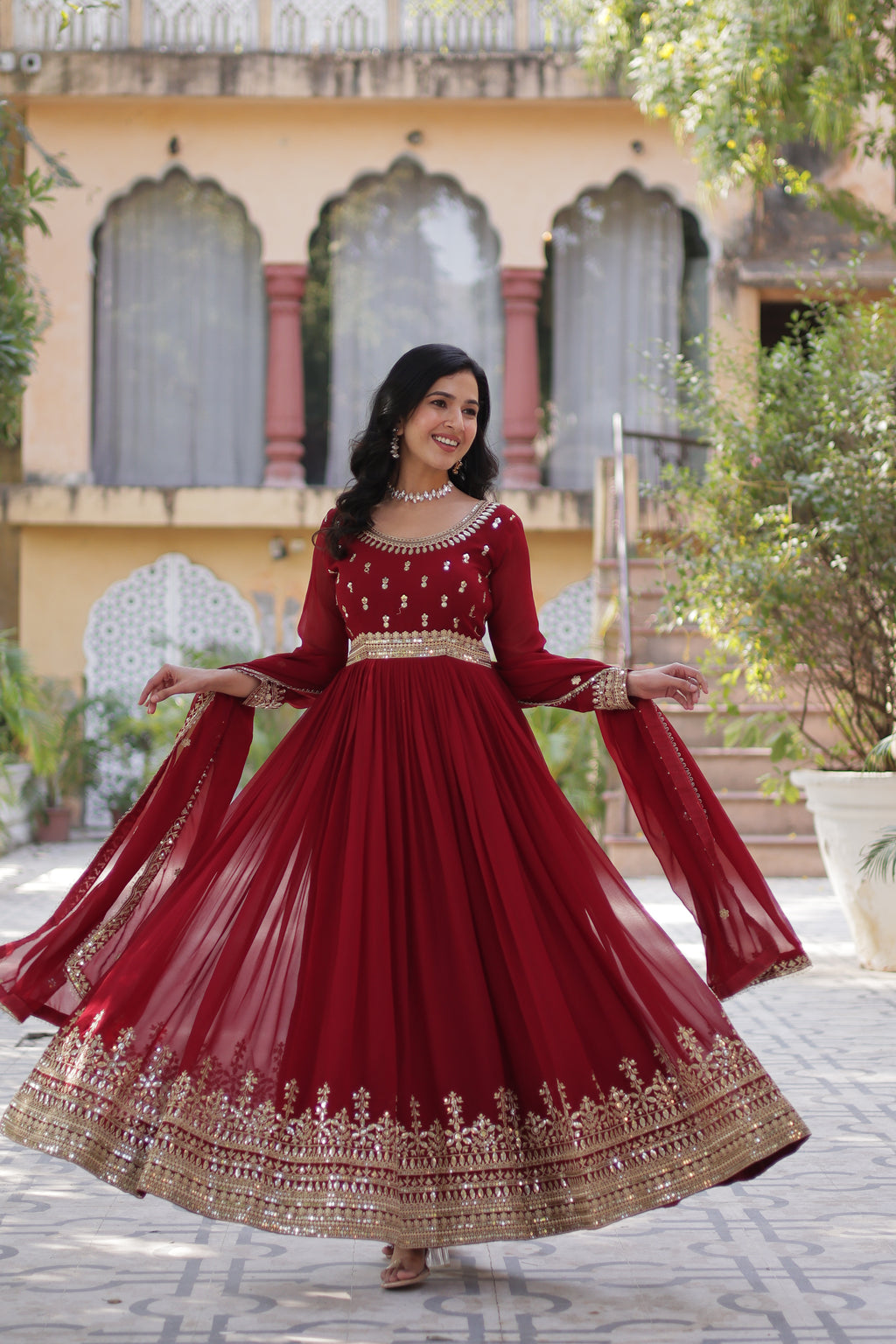 Women Georgette  maroon Sequence embroidery Work Kurta Set