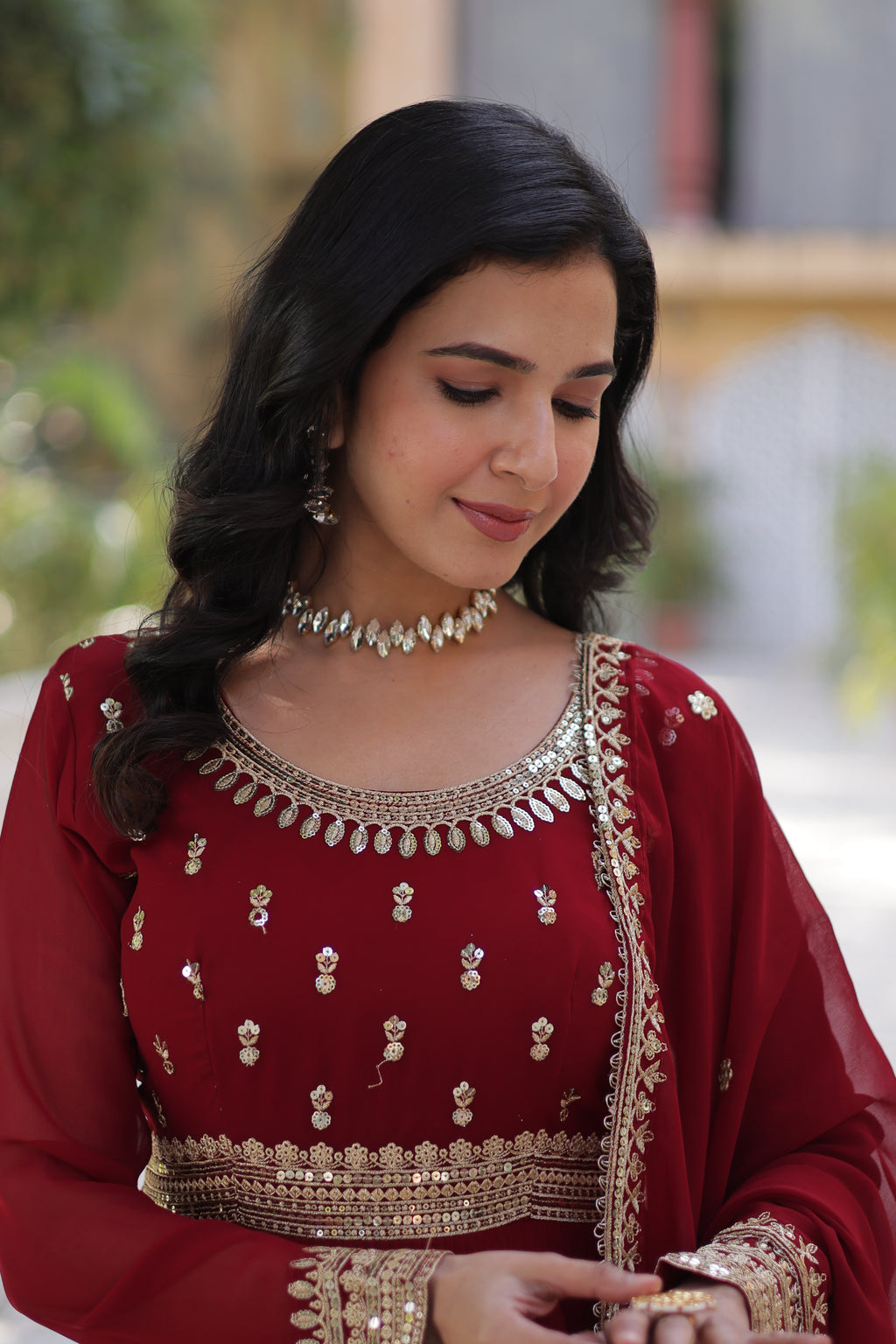 Women Georgette  maroon Sequence embroidery Work Kurta Set