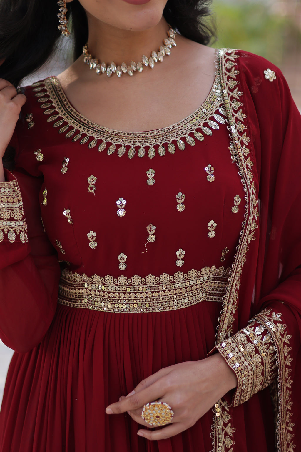 Women Georgette Maroon  Sequence embroidery Work Kurta Set