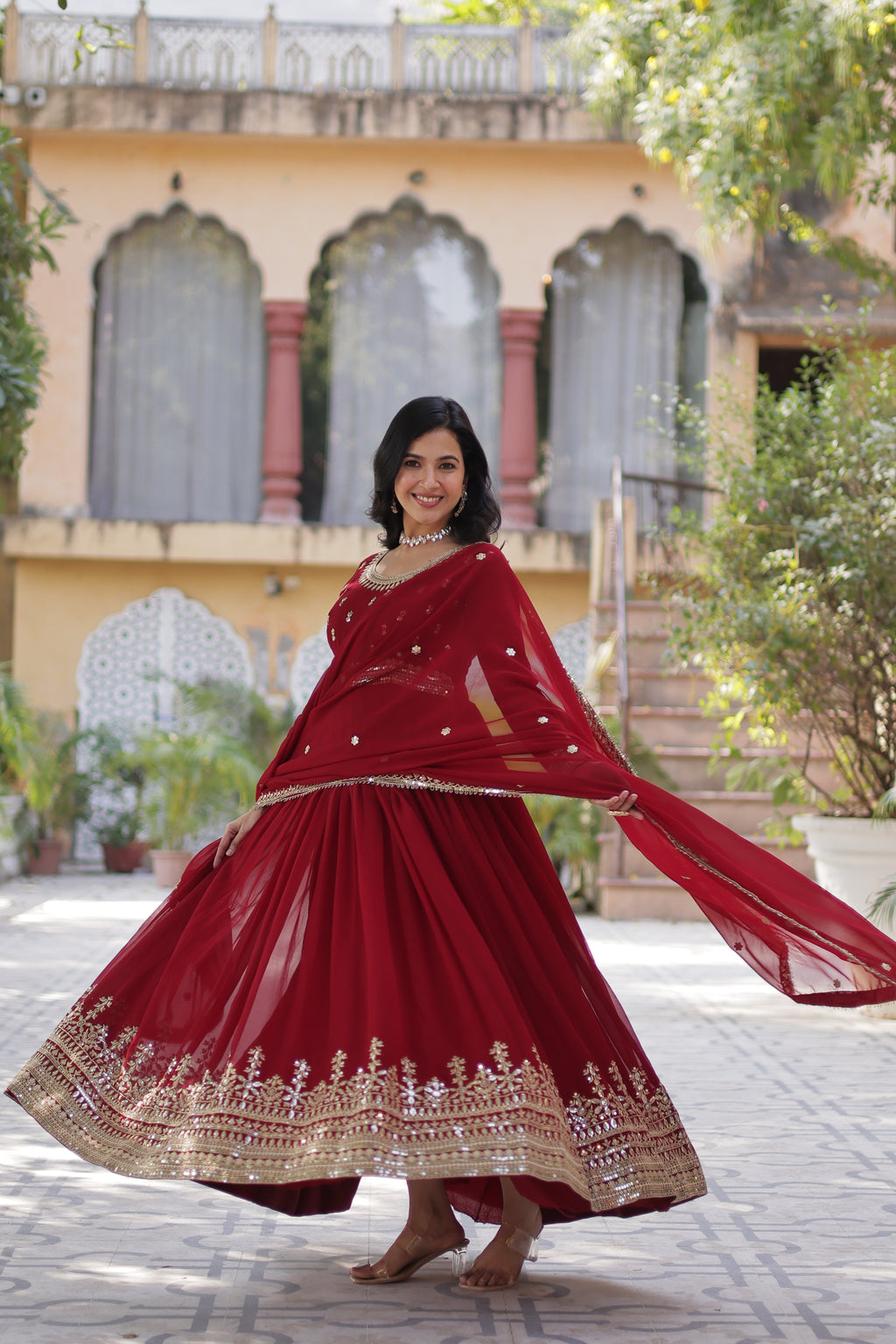 Women Georgette  maroon Sequence embroidery Work Kurta Set