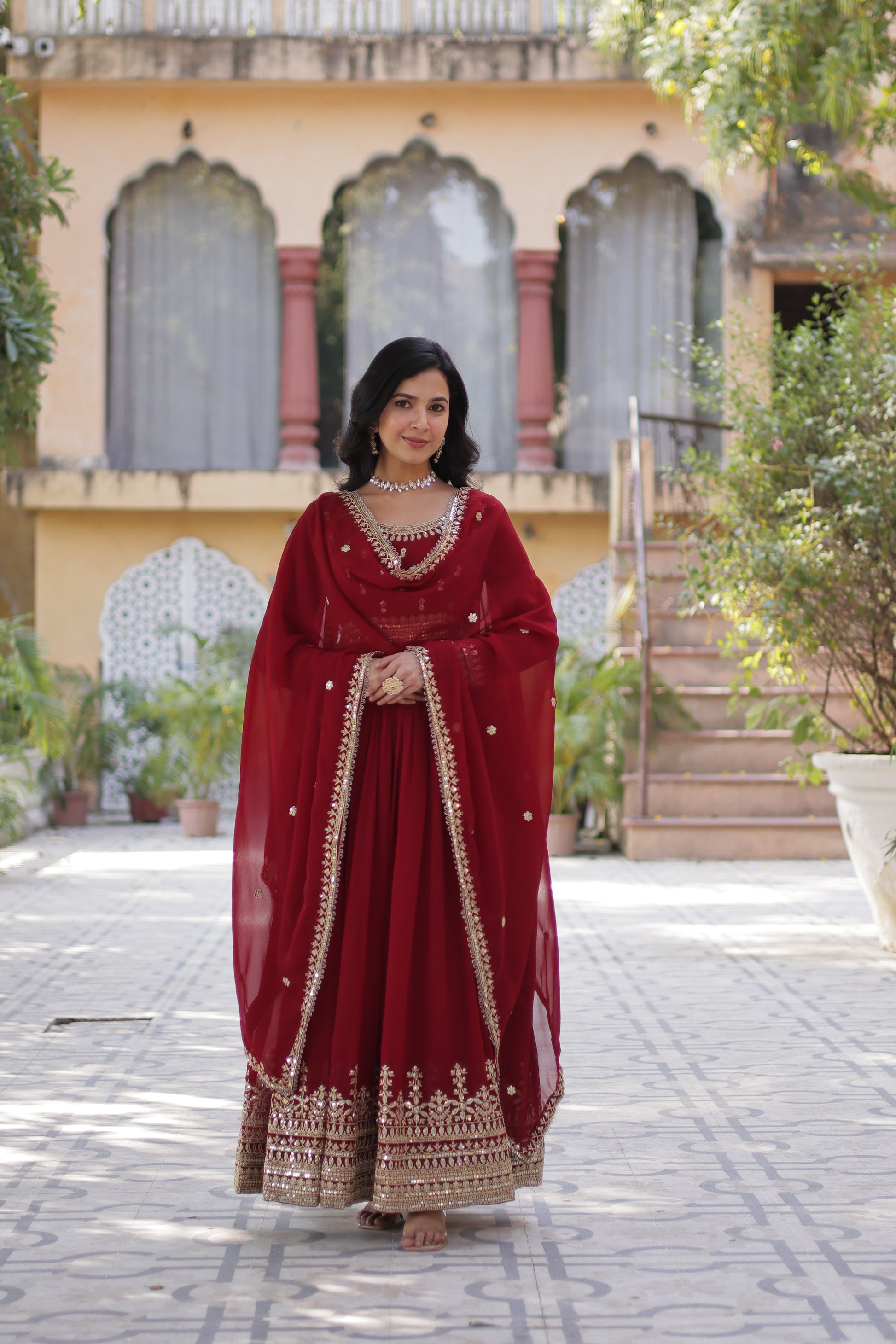 Women Georgette Maroon  Sequence embroidery Work Kurta Set