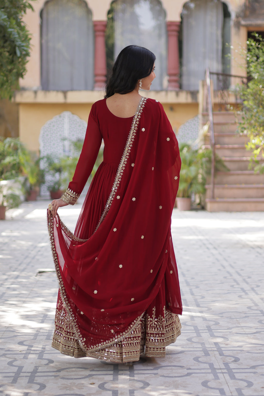 Women Georgette  maroon Sequence embroidery Work Kurta Set