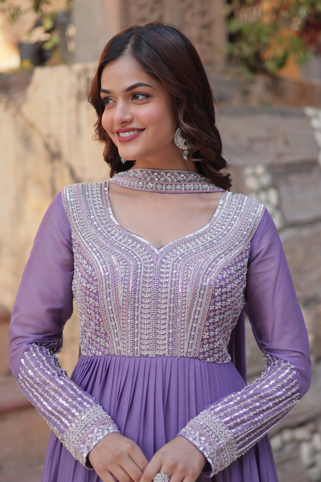 Women Georgette Lavender Sequence embroidery Work Kurta Set