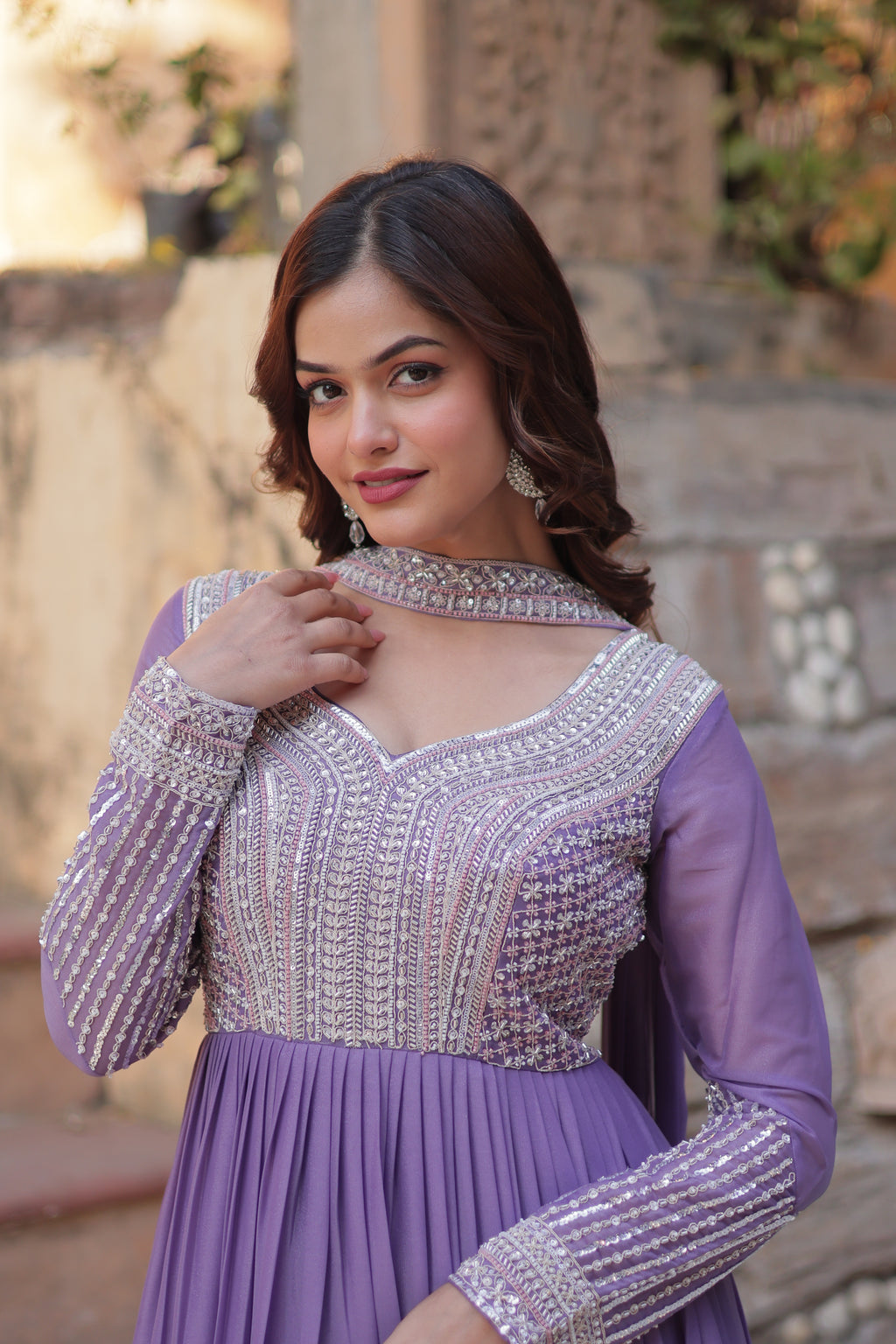 Women Georgette Lavender Sequence embroidery Work Kurta Set