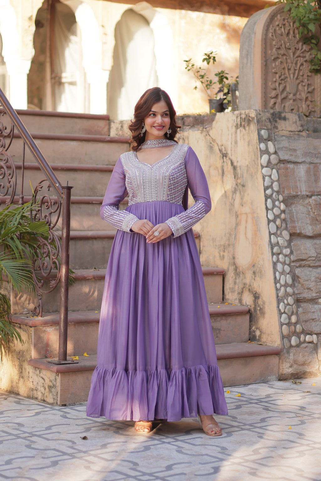 Women Georgette Lavender Sequence embroidery Work Kurta Set