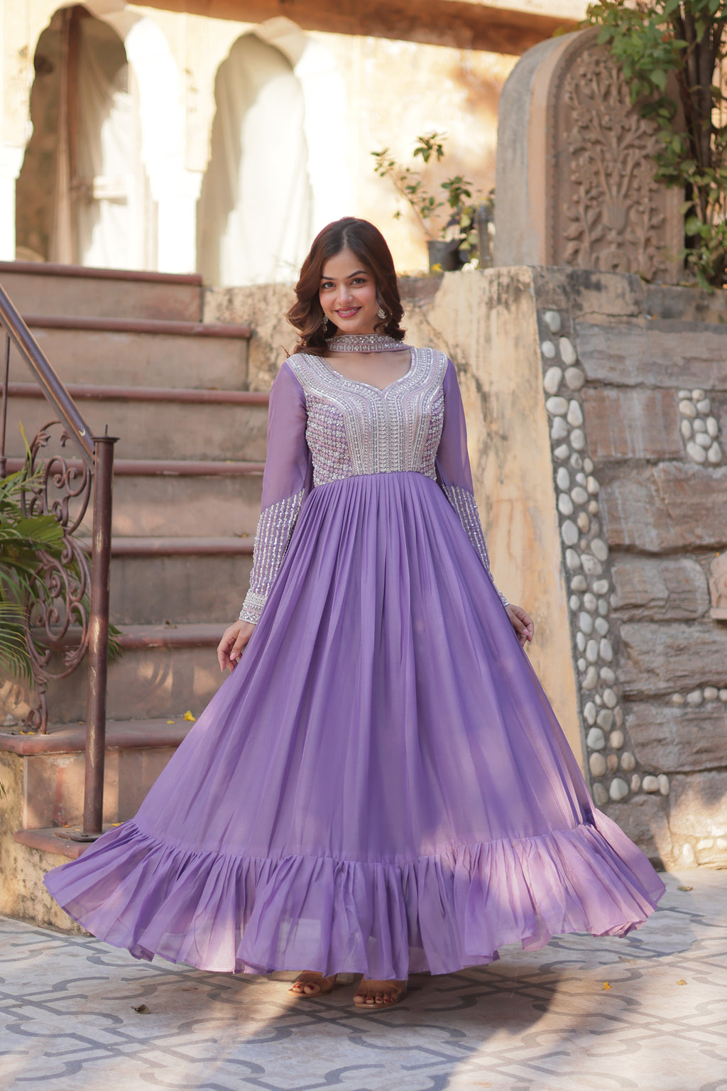 Women Georgette Lavender Sequence embroidery Work Kurta Set